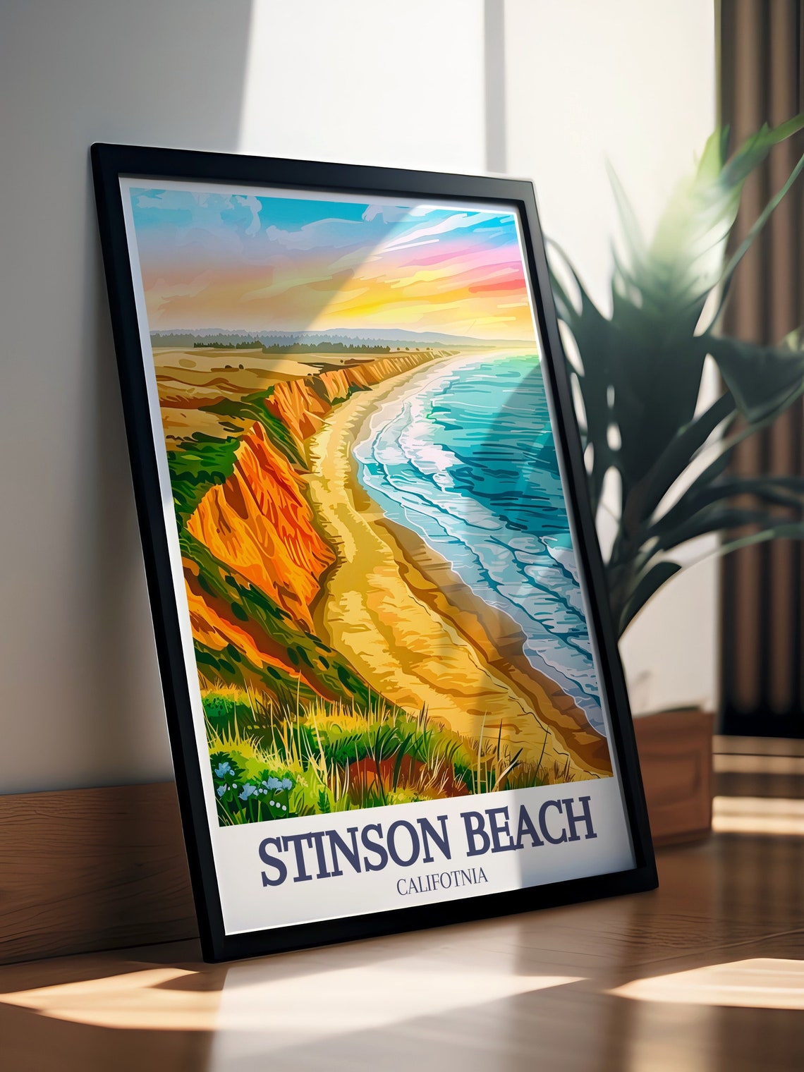 Stinson Beach Sunset Cliffs Golden Sand Pacific Ocean Poster - Image 2