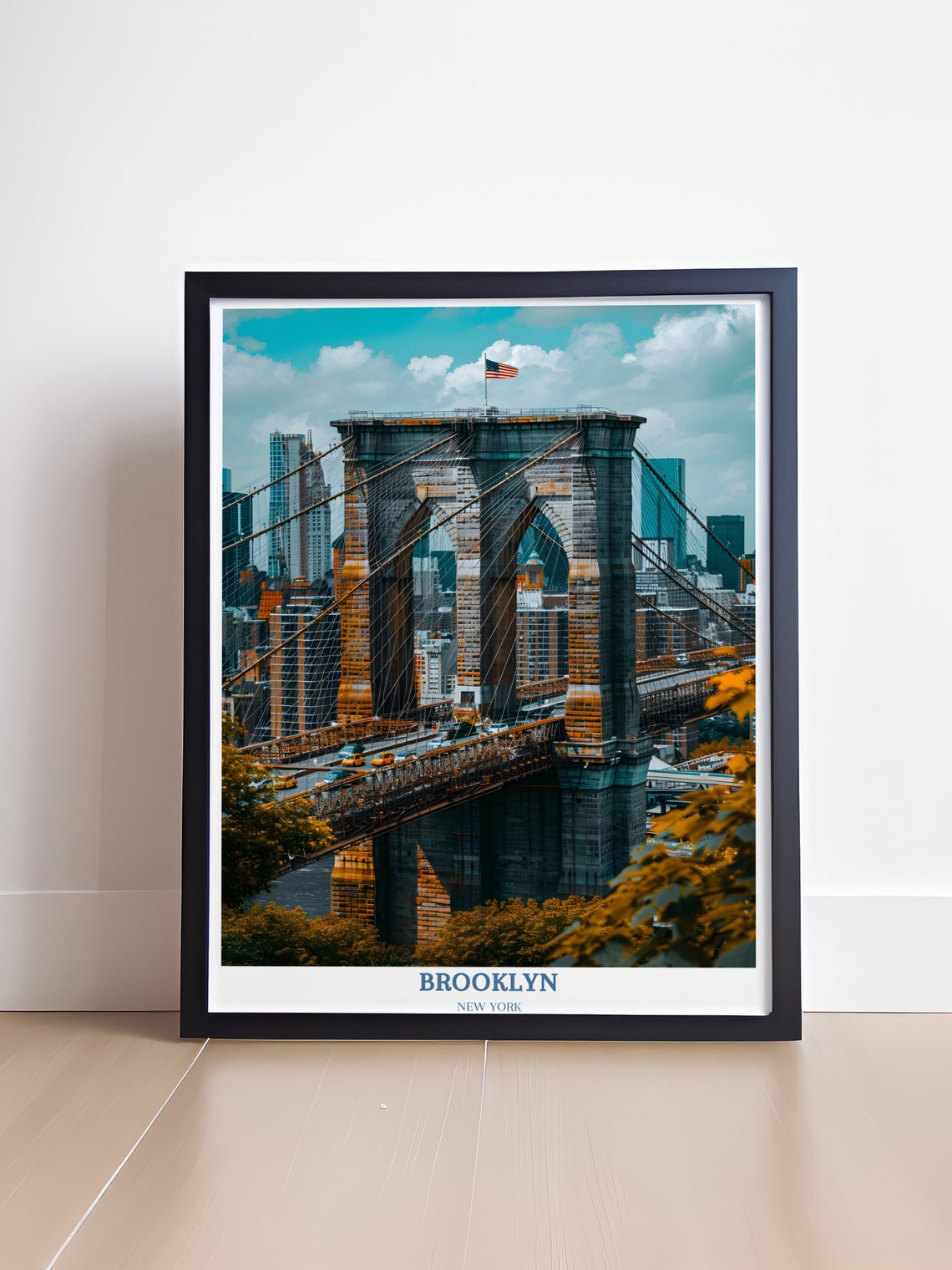 Brooklyn Bridge Tower Daytime View With US Flag Autumn Poster - Image 4