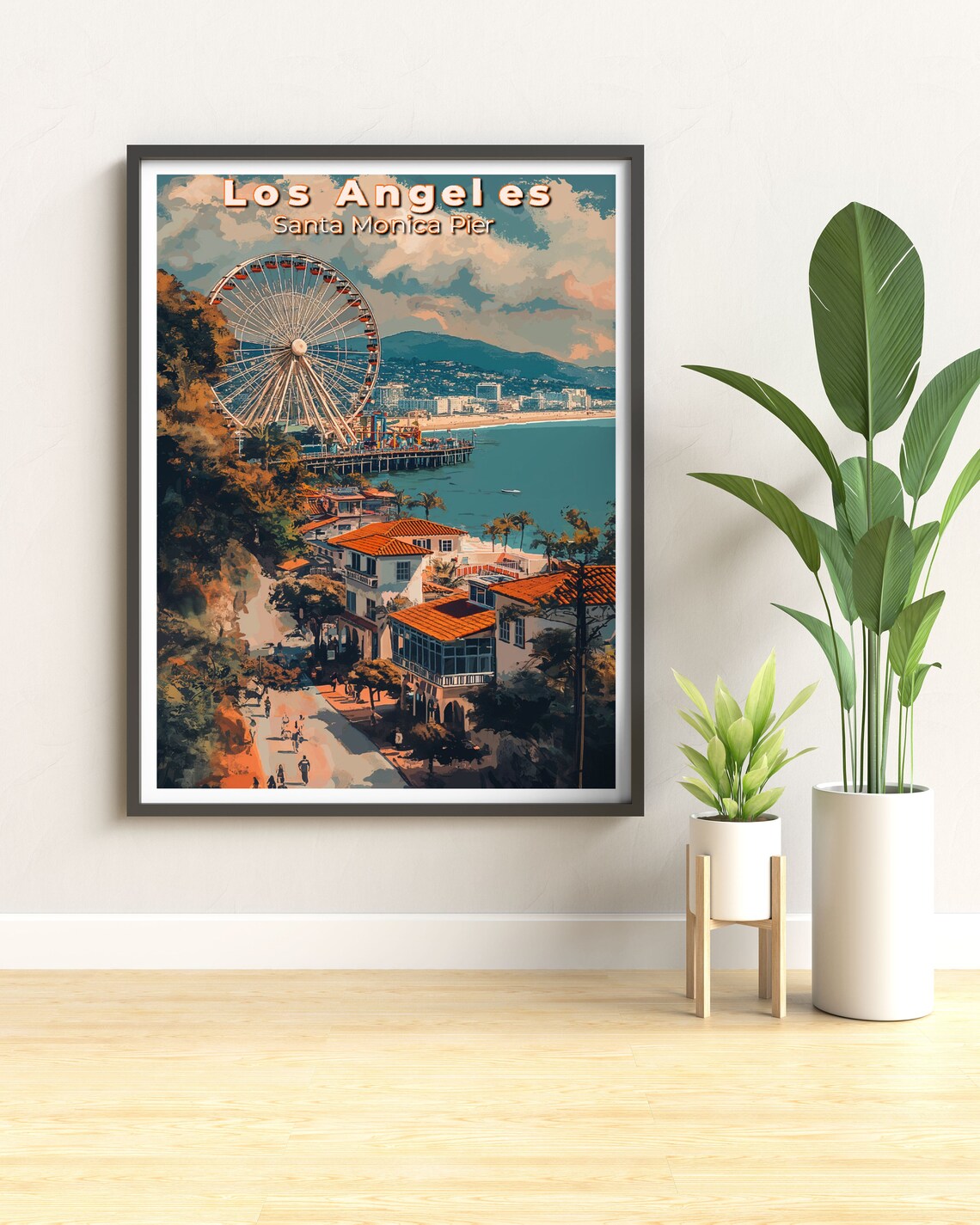 Los Angeles Santa Monica Pier Ferris Wheel Retro Sunset Travel Poster - Image 2