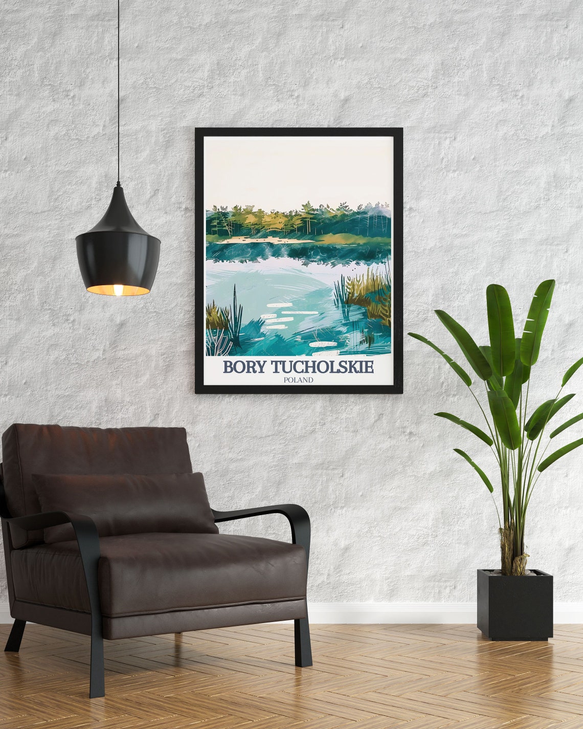Bory Tucholskie Minimalist Teal Lake And Forest Shore Art Poster - Image 2