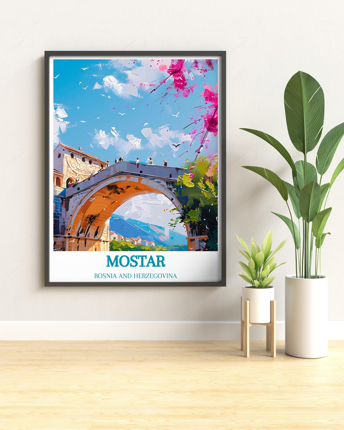 Mostar Stari Most Old Bridge Pink Blossom Watercolor Scene Poster - Image 3