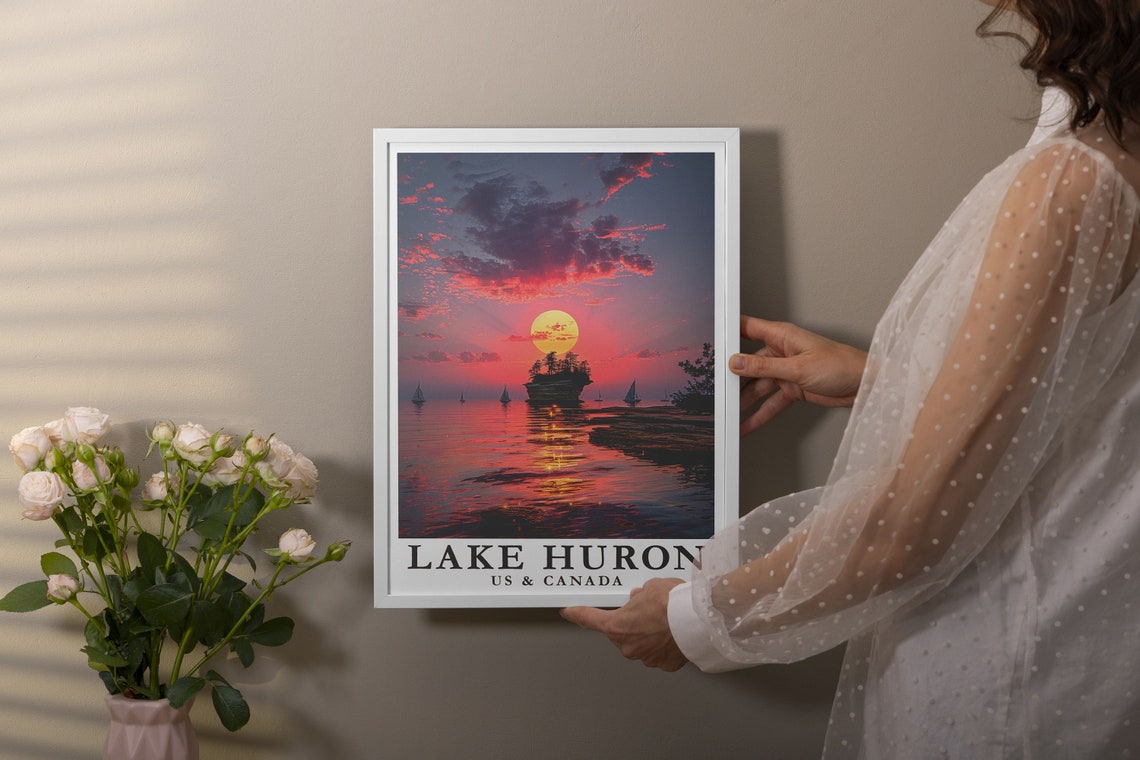 Lake Huron Sunset Poster With Turnip Rock Island And Sailing Boats - Image 3