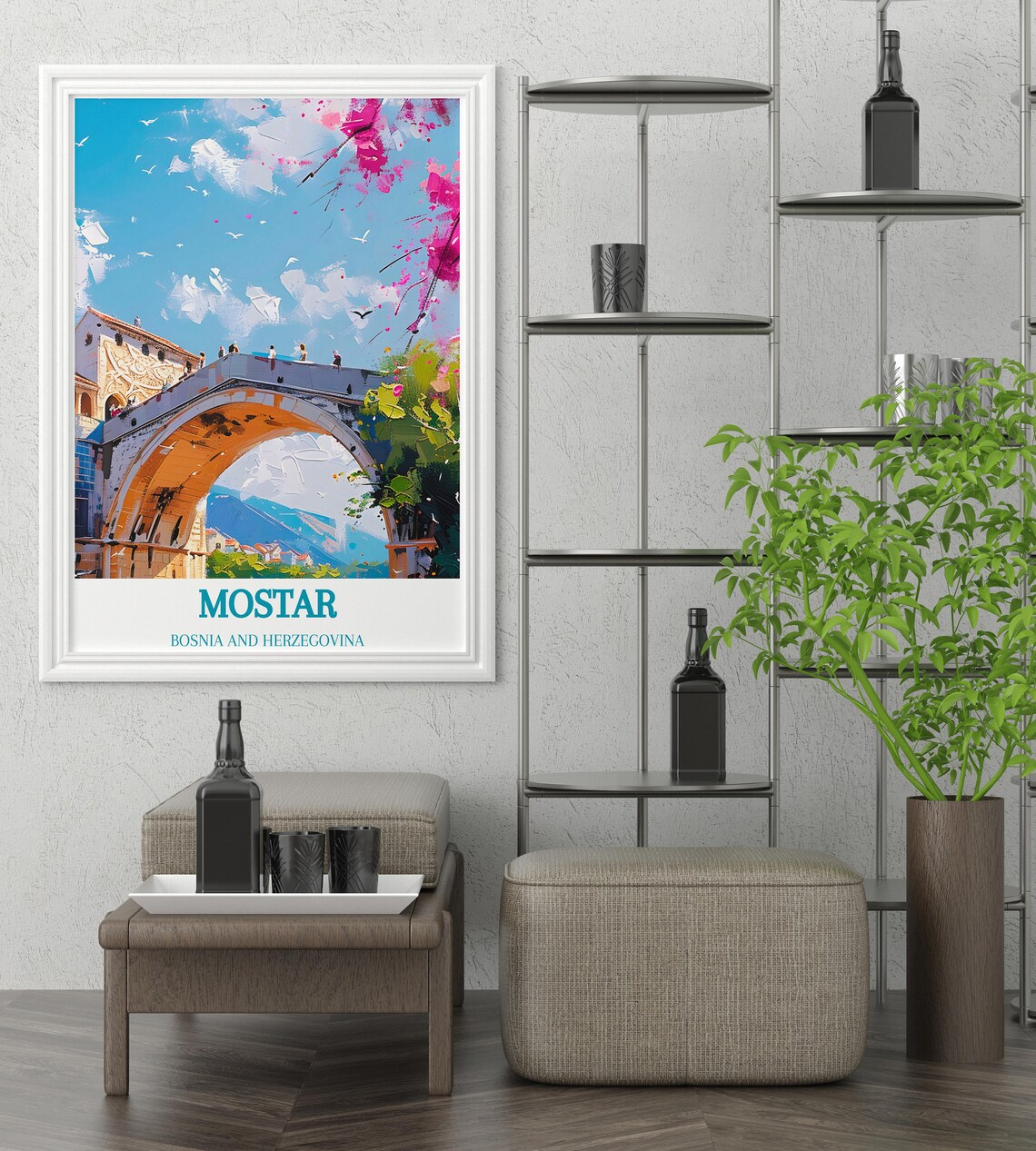 Mostar Stari Most Old Bridge Pink Blossom Watercolor Scene Poster - Image 4