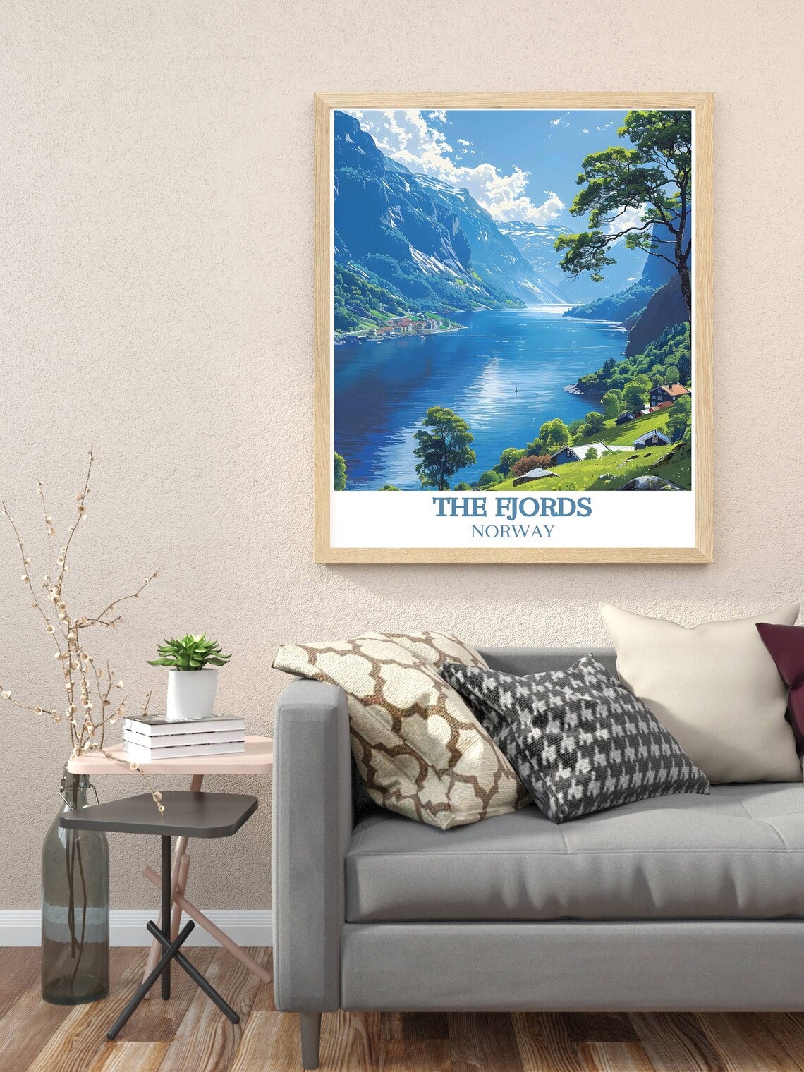 The Fjords Norway Travel Poster Blue Water Lakeside Village View - Image 3