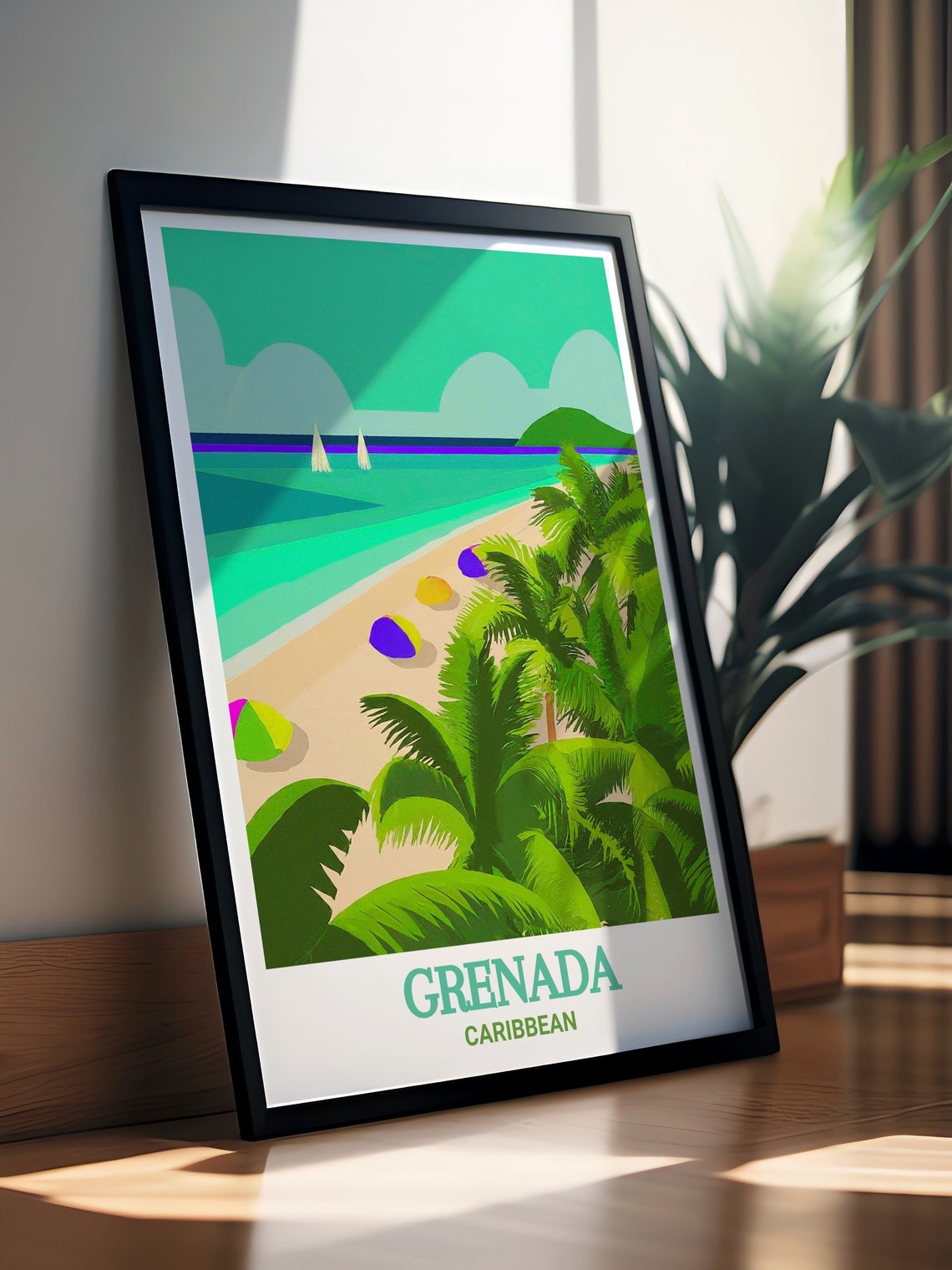 Grenada Palm Beach With Sailboats Colorful Umbrellas Caribbean Poster - Image 2