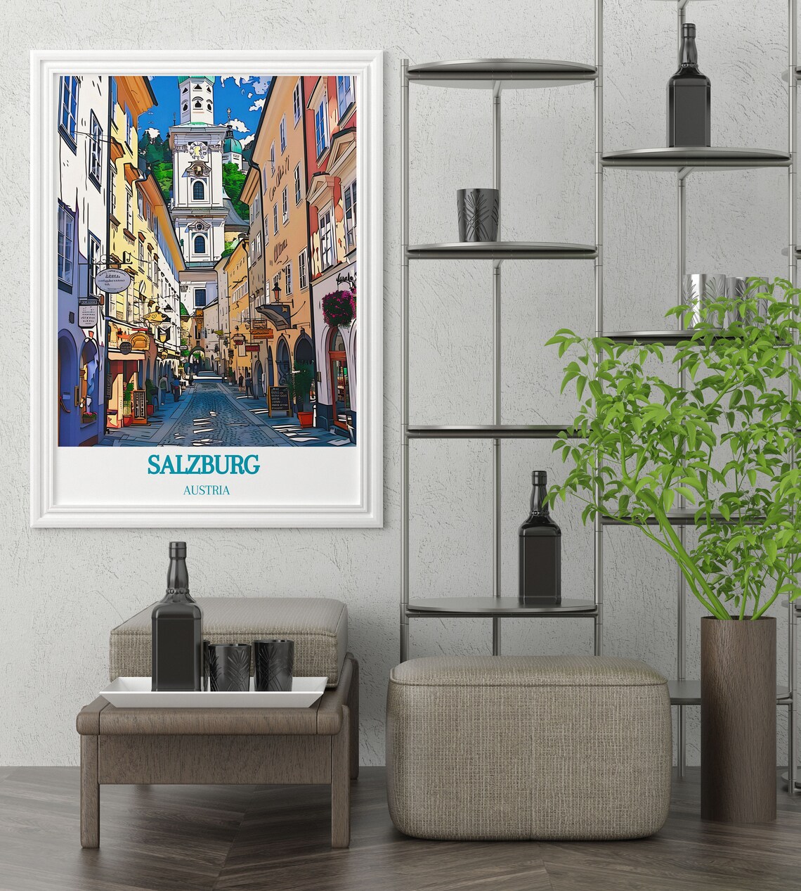 Salzburg Old Town Cobblestone Street Church Tower Austria Poster - Image 3