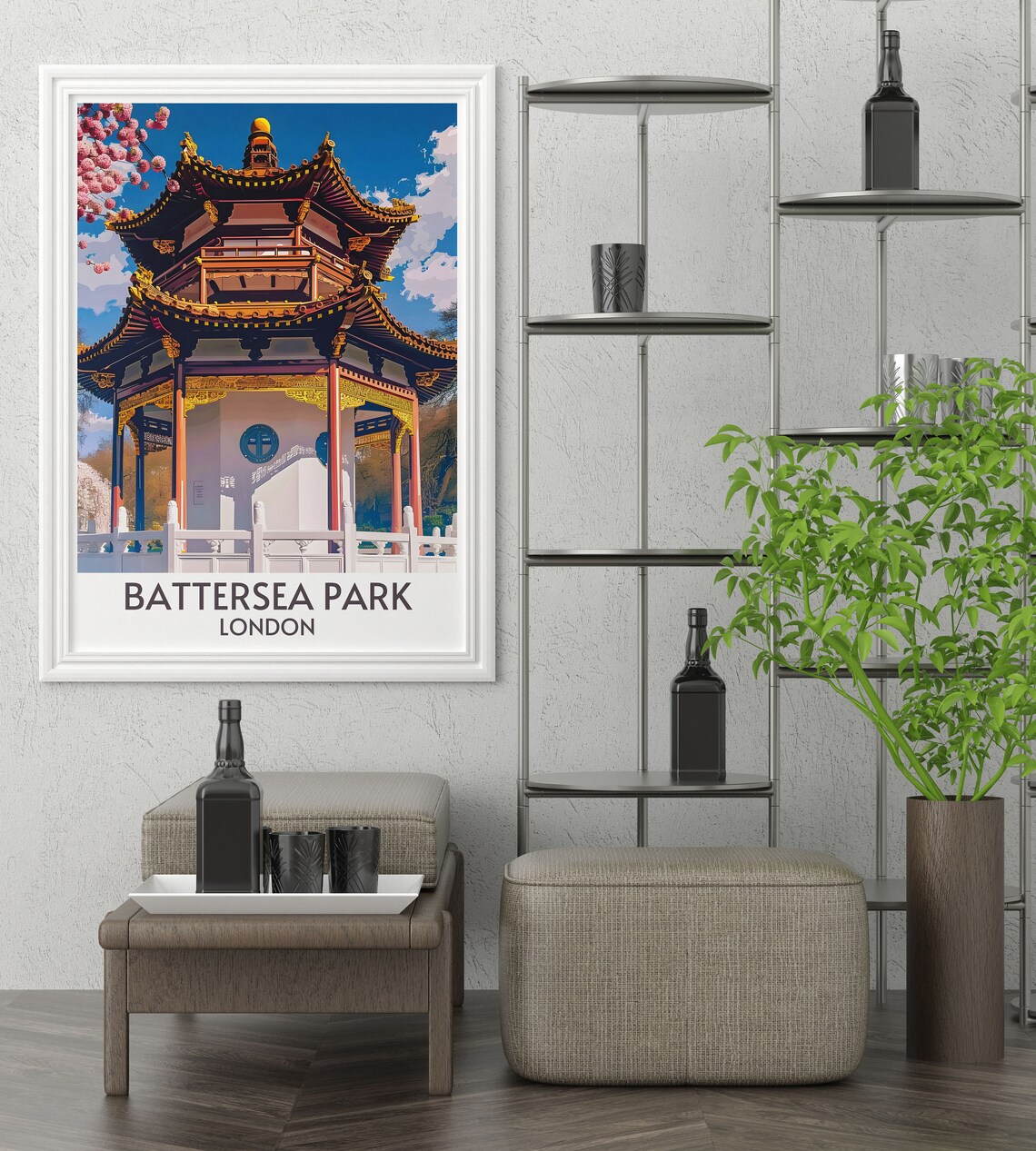 Battersea Park London Chinese Pagoda Blossom Travel Art Poster - Image 4