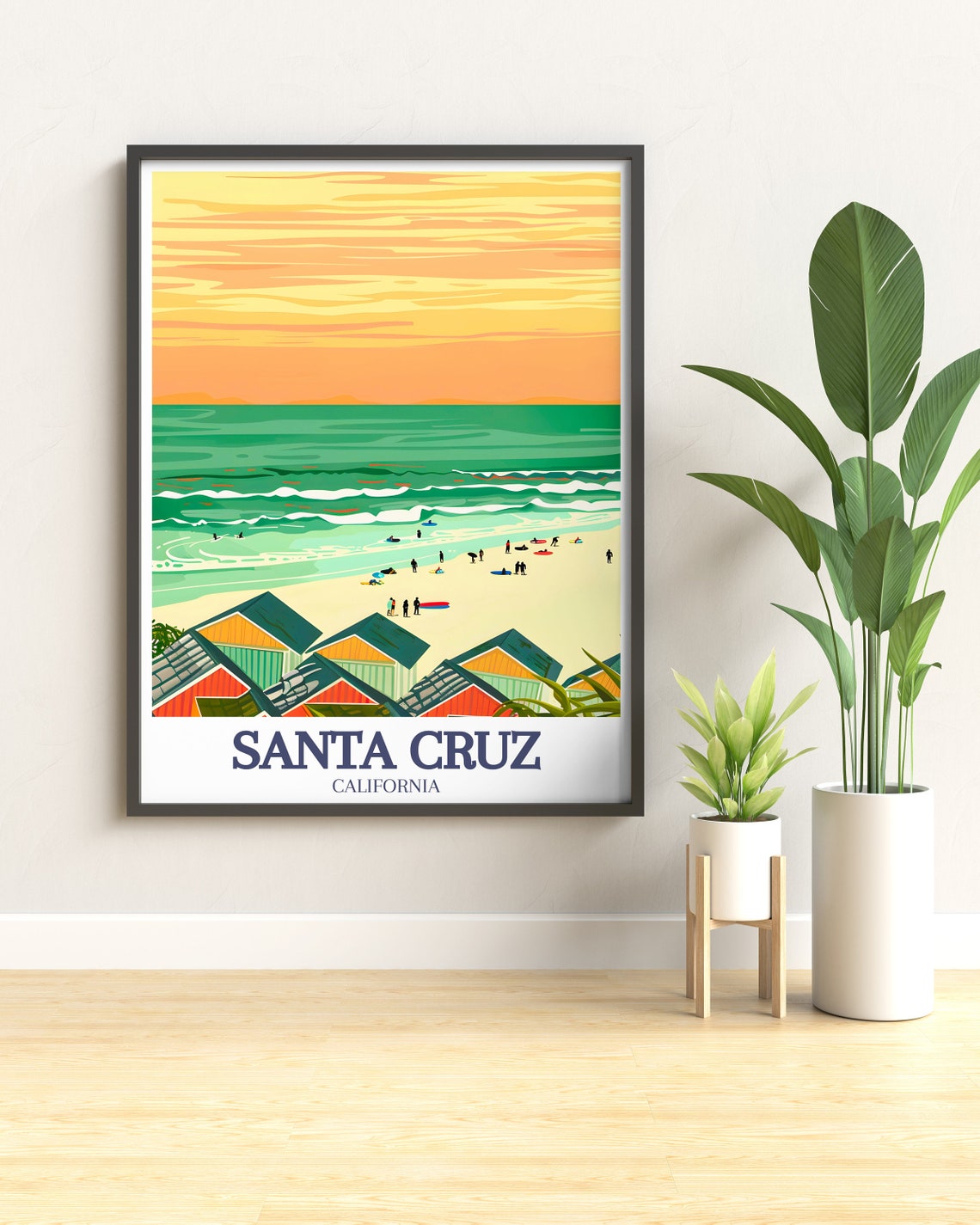 Santa Cruz Capitola Colorful Beach Cabins Surfers Sunset Poster - Image 3