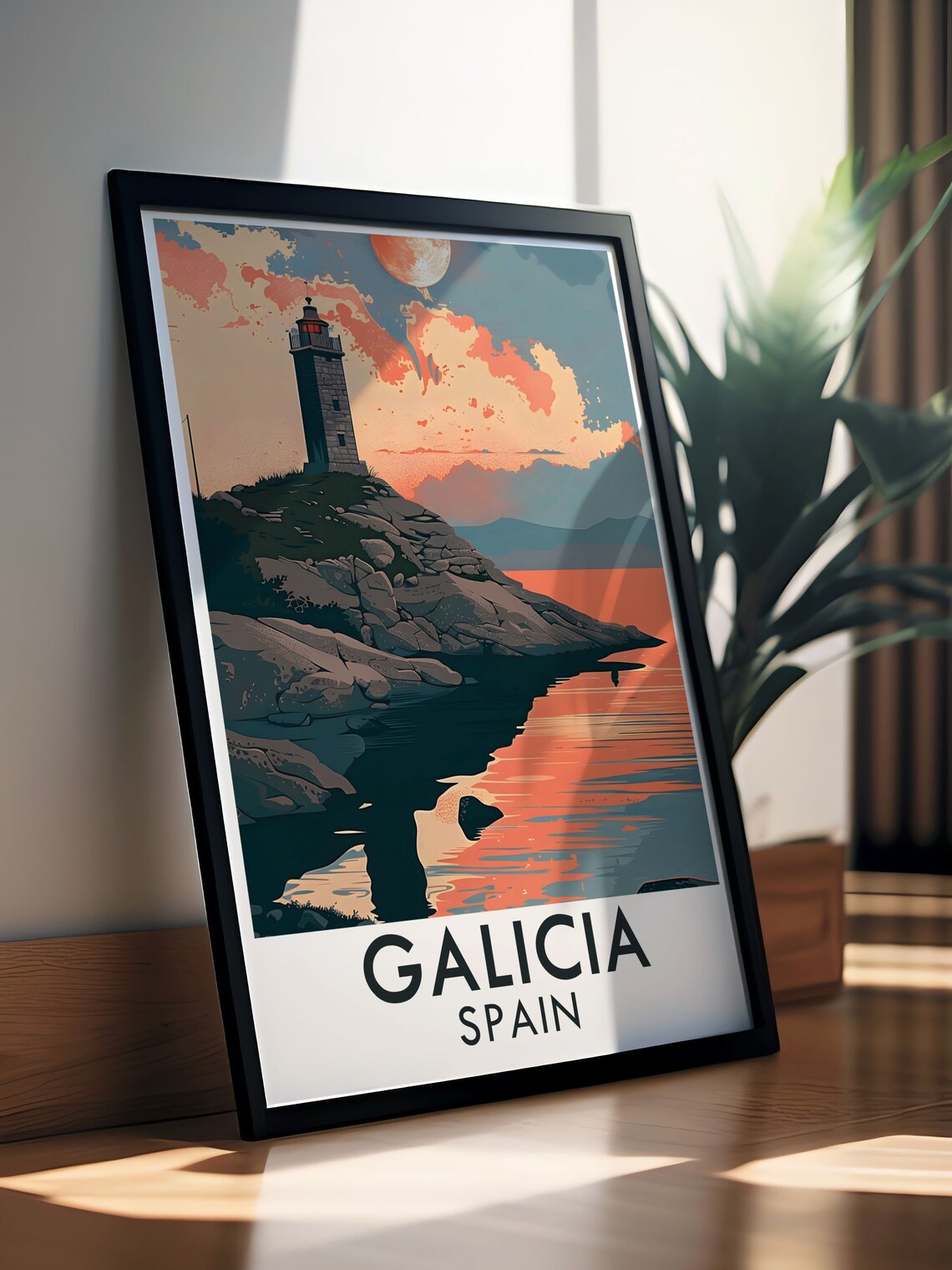 Galicia Spain Lighthouse on Rocky Point at Sunset Travel Poster - Image 3