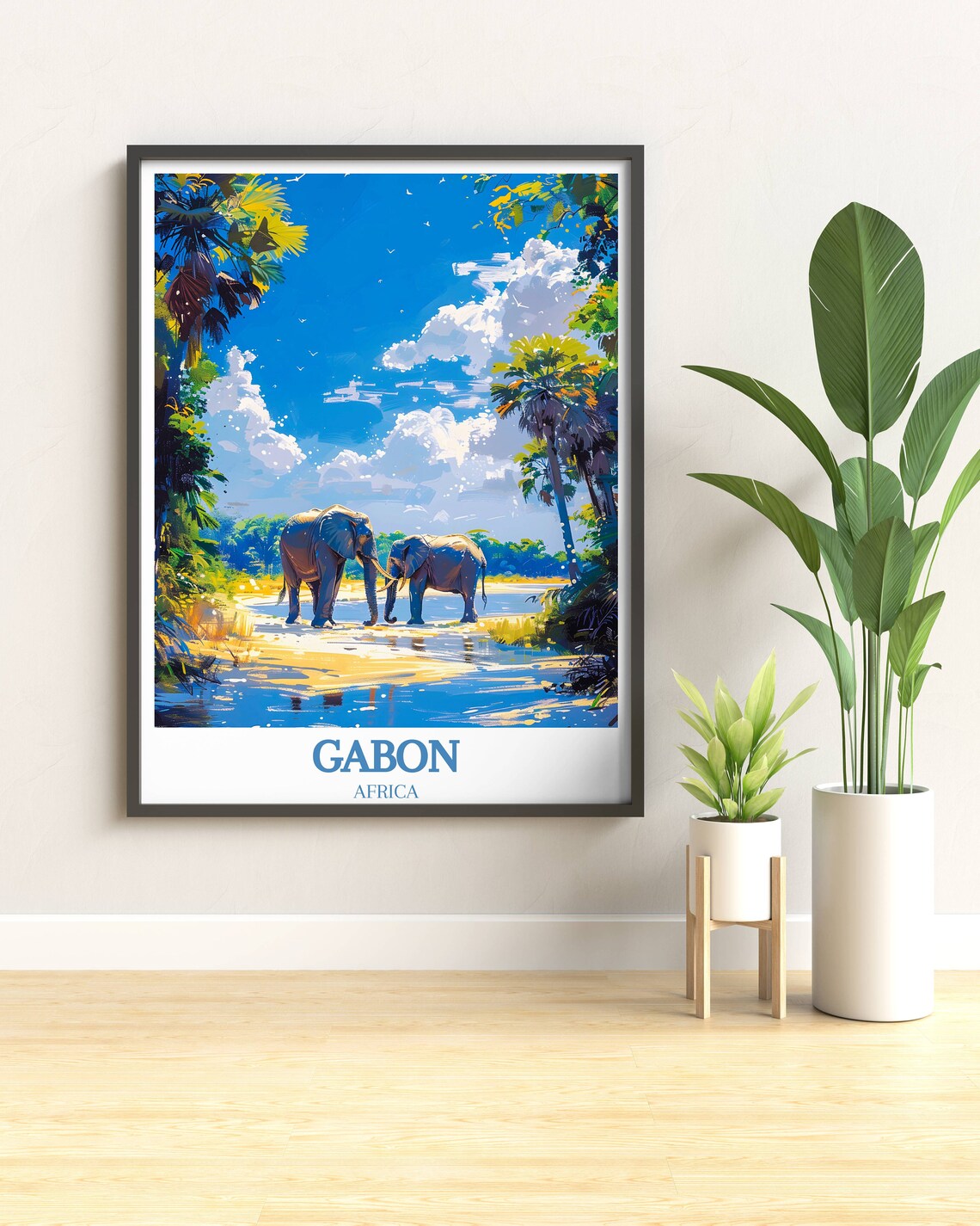 Gabon Africa Elephants by the Water Tropical Jungle Scene Poster - Image 4