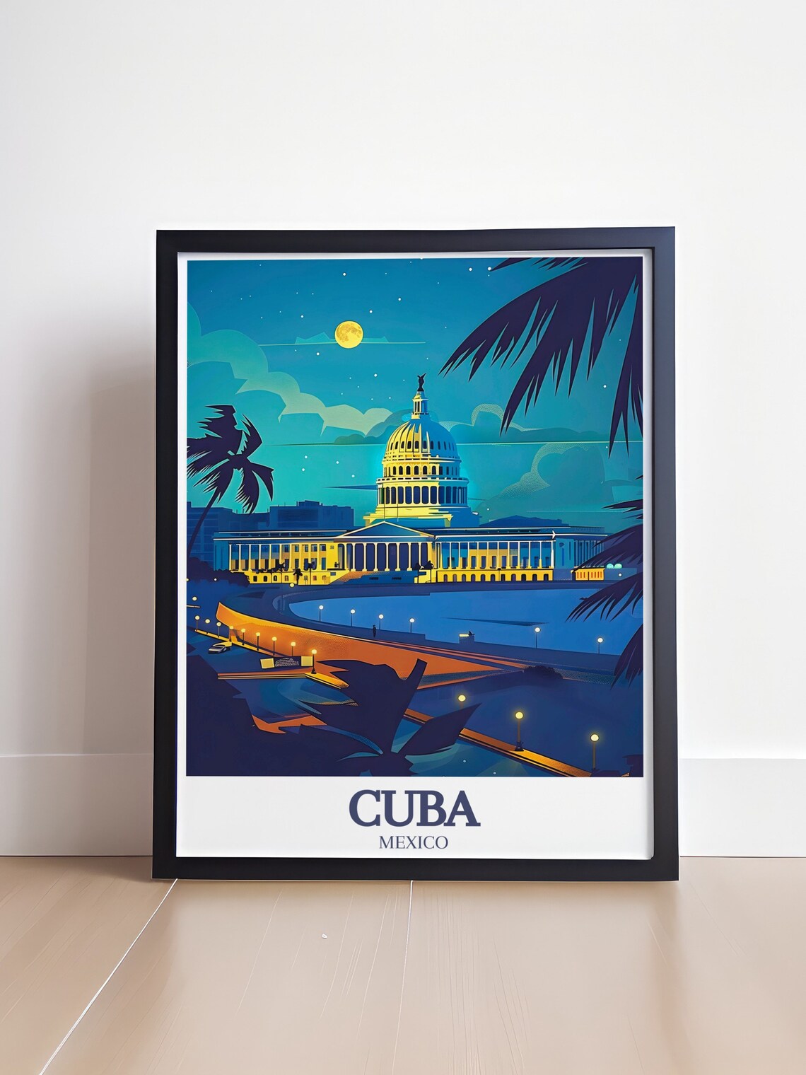 Mexico Cuba El Capitolio Moonlit Night Palms Vintage Travel Poster - Image 4