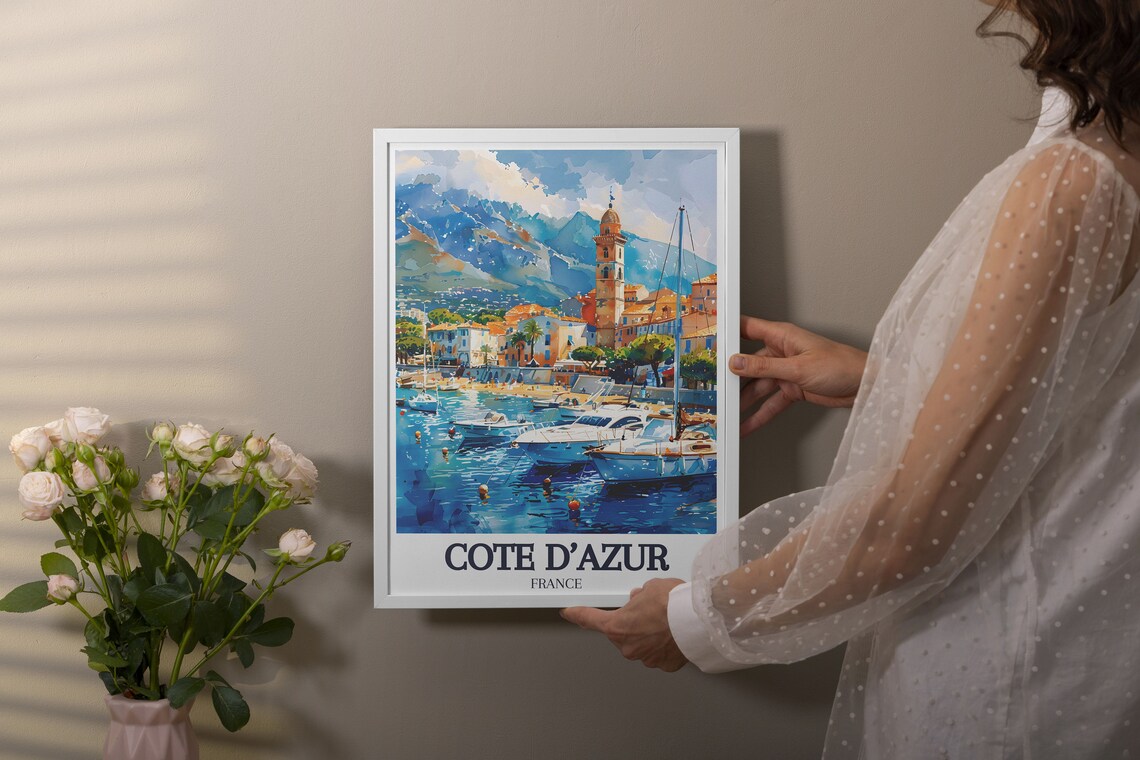 Cote d'Azur France Harbor Sailboats Coastal Hills Watercolor Poster - Image 3