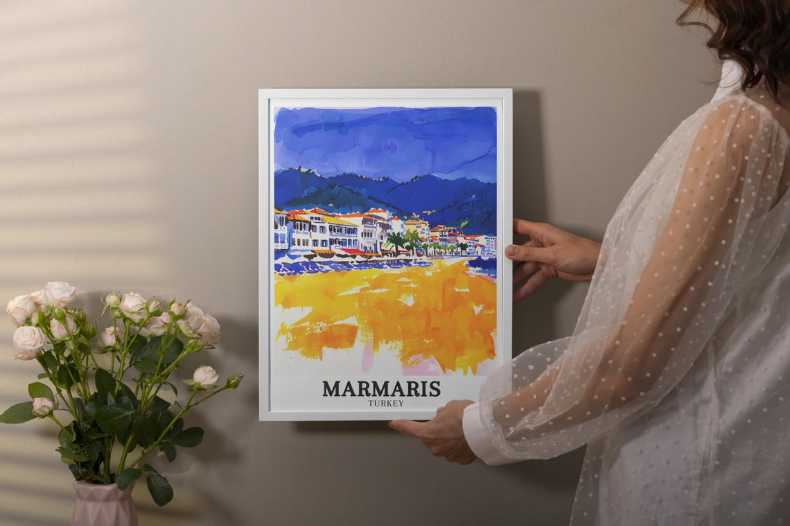 Marmaris Turkey Watercolor Beachfront Town and Golden Shore Poster - Image 3