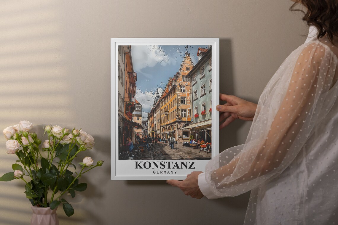 Konstanz Germany Historic Old Town Street with Cafe Scene Poster - Image 2