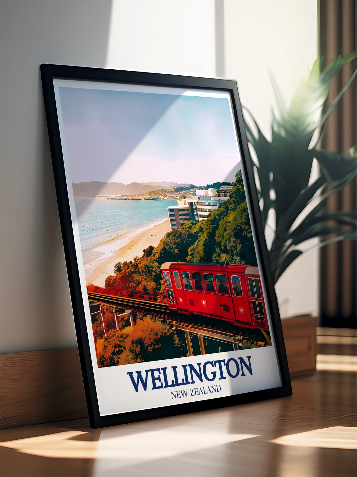 Wellington Oriental Bay Beach With Iconic Red Cable Car Travel Poster - Image 2