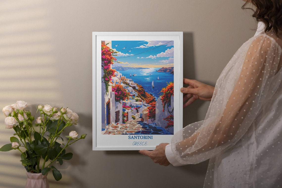 Santorini Whitewashed Alley with Bougainvillea and Caldera Poster - Image 4