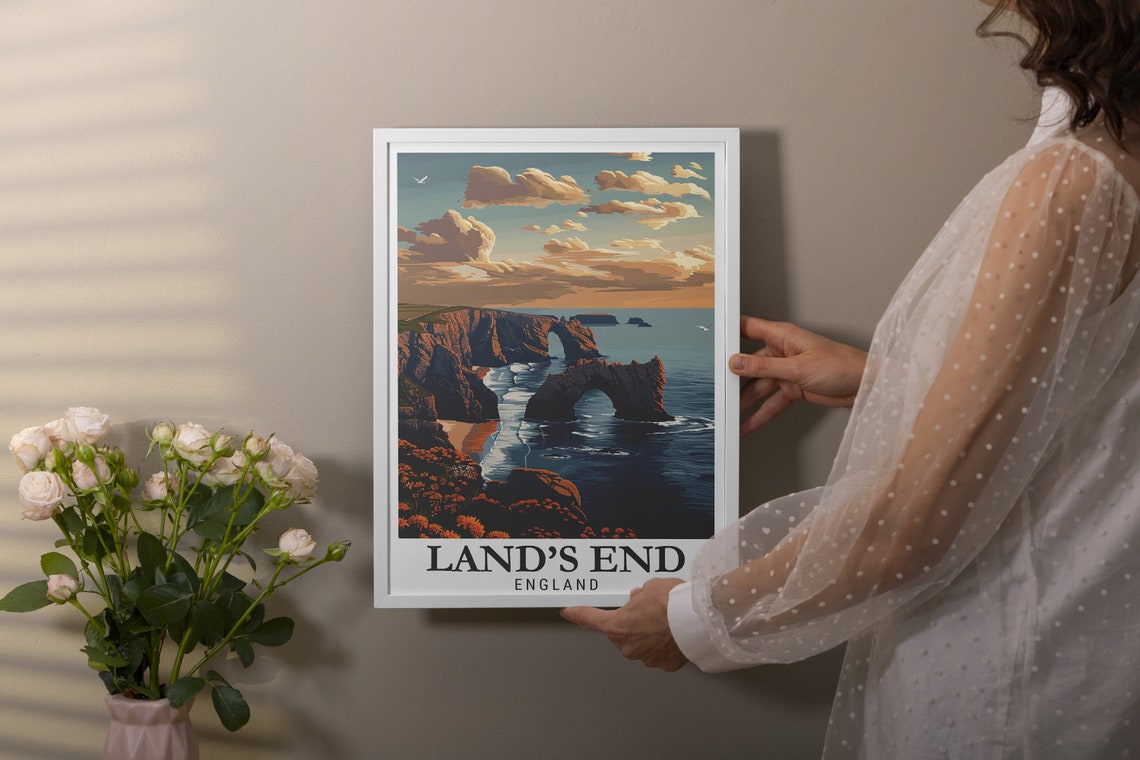 Land's End England Golden Sunset Over Sea Arches Travel Poster - Image 2
