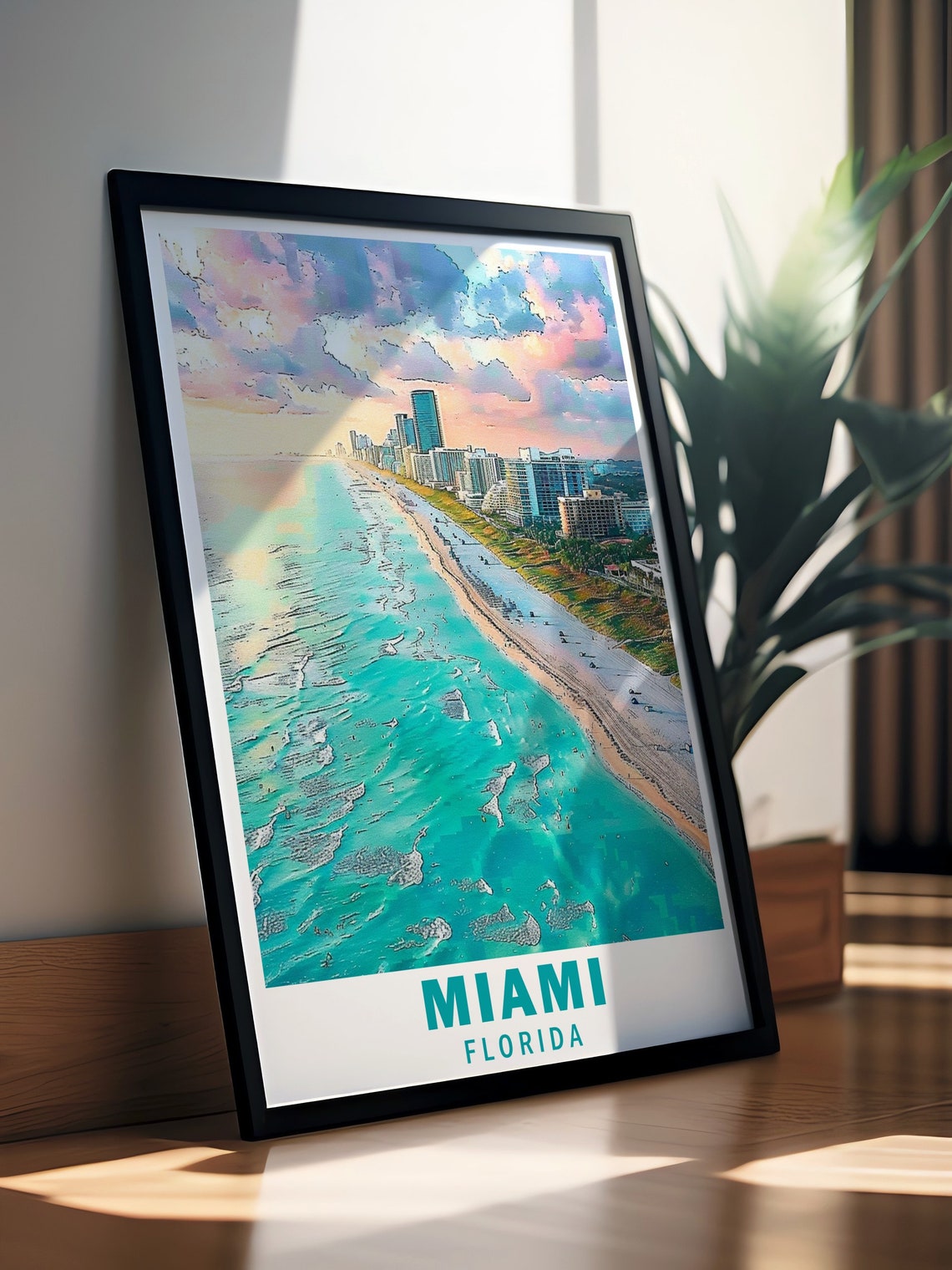 Miami Florida Aerial Beach Sunset Skyline Soft Watercolor Poster - Image 2