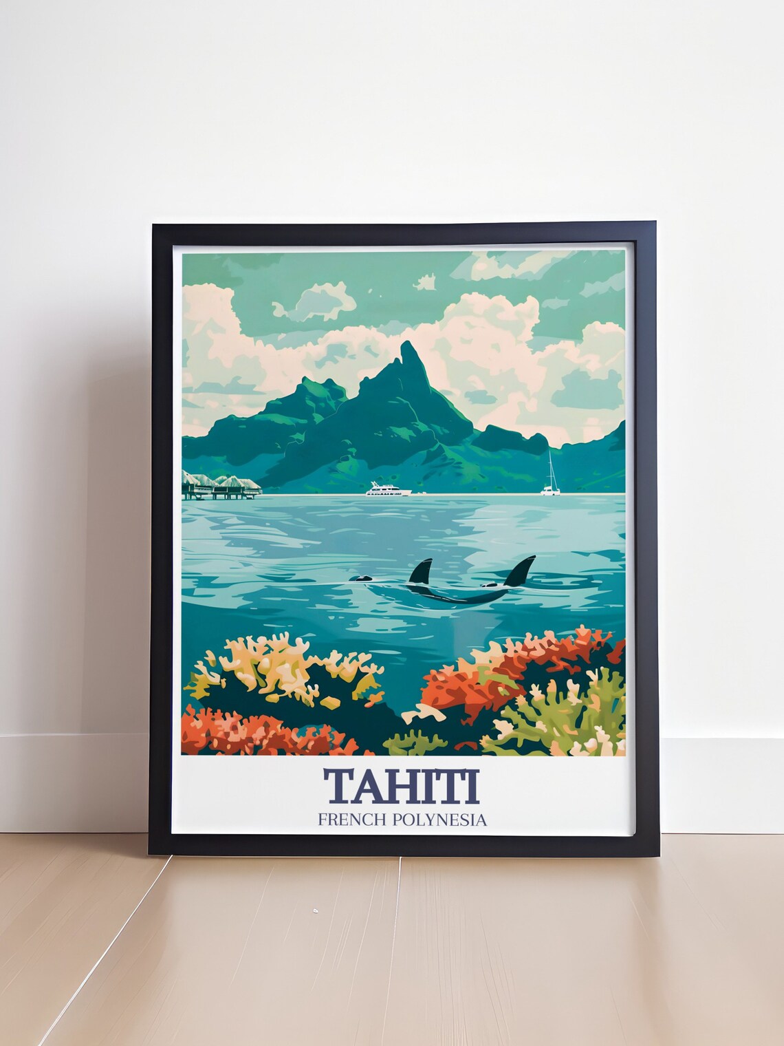 Tahiti French Polynesia Lagoon Dolphins Coral Reef Travel Poster - Image 4