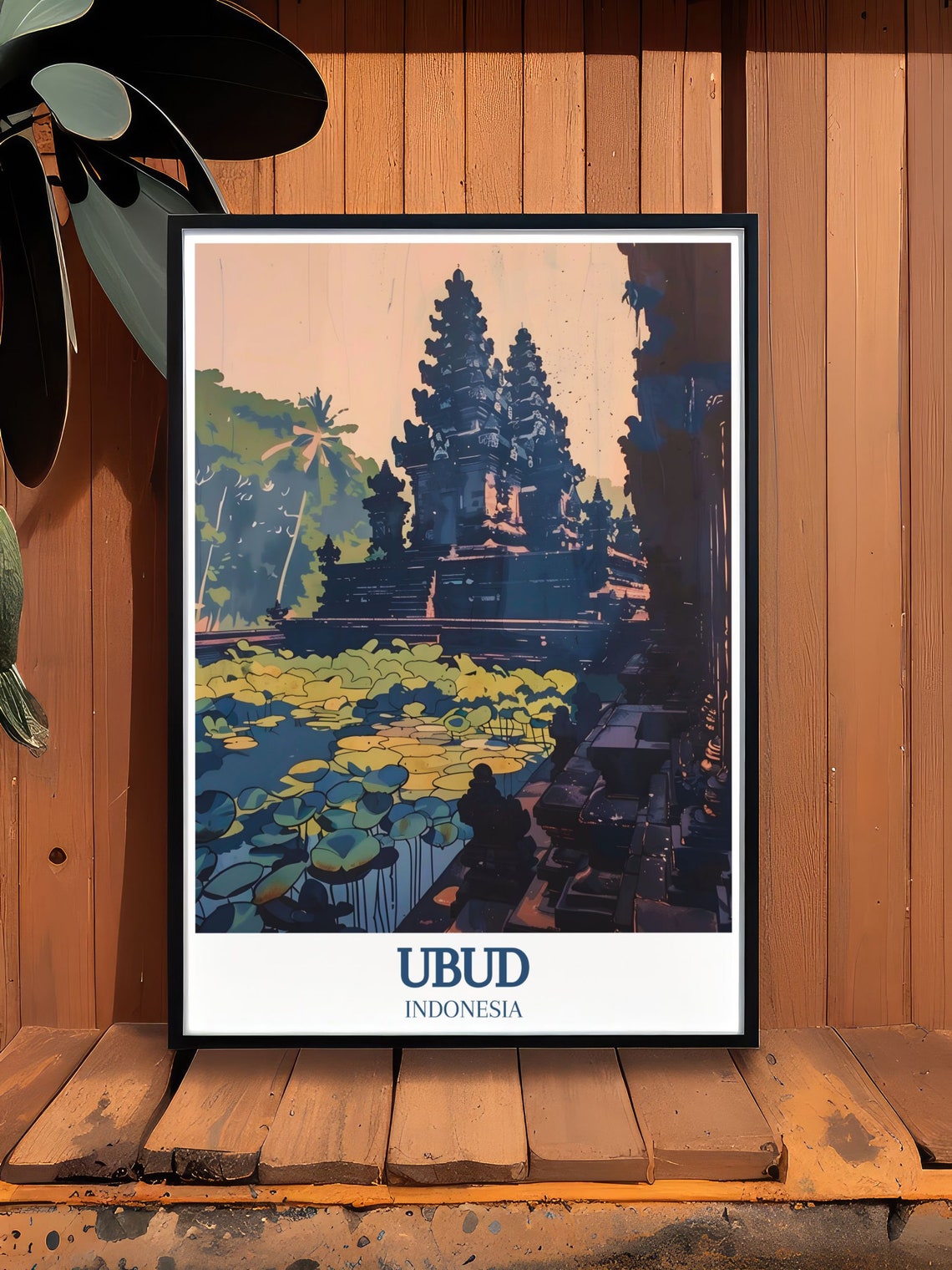 Ubud Lotus Pond Temple Sunset Retro Illustration Indonesia Poster - Image 2