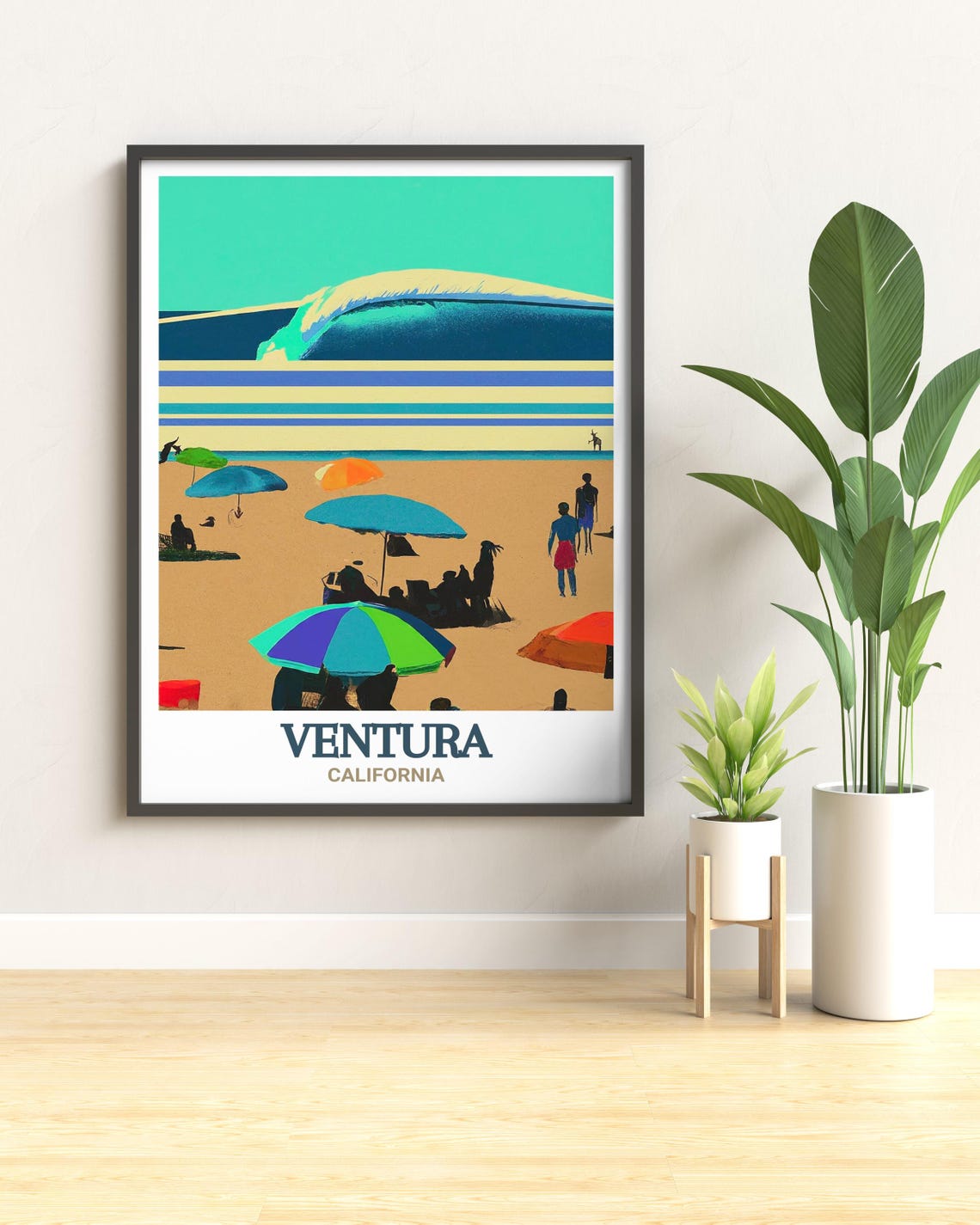 Ventura California Beach Umbrellas Surfers Wave Art Travel Poster - Image 3