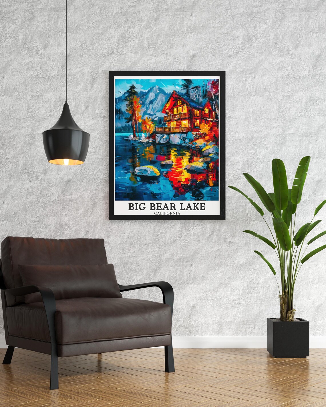 Big Bear Lake California Glowing Lakeside Cabin Autumn Night Art Poster - Image 2