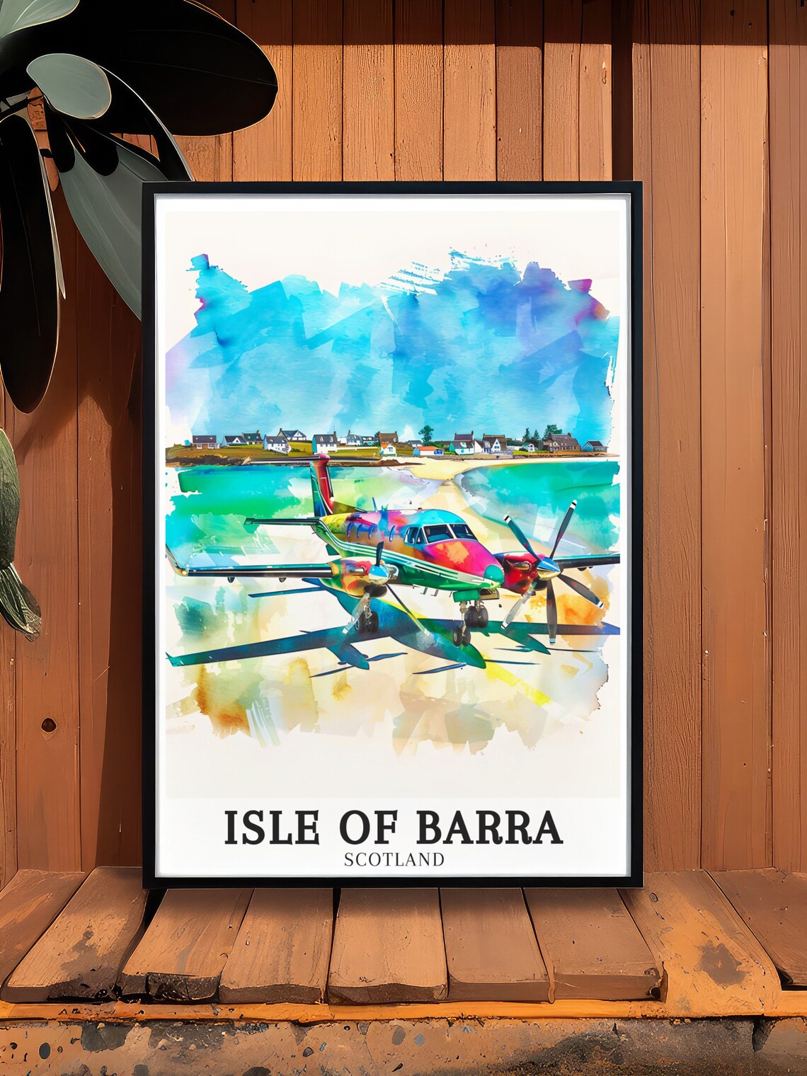Isle Of Barra Scotland Beach Landing Seaplane Watercolor Travel Poster - Image 3