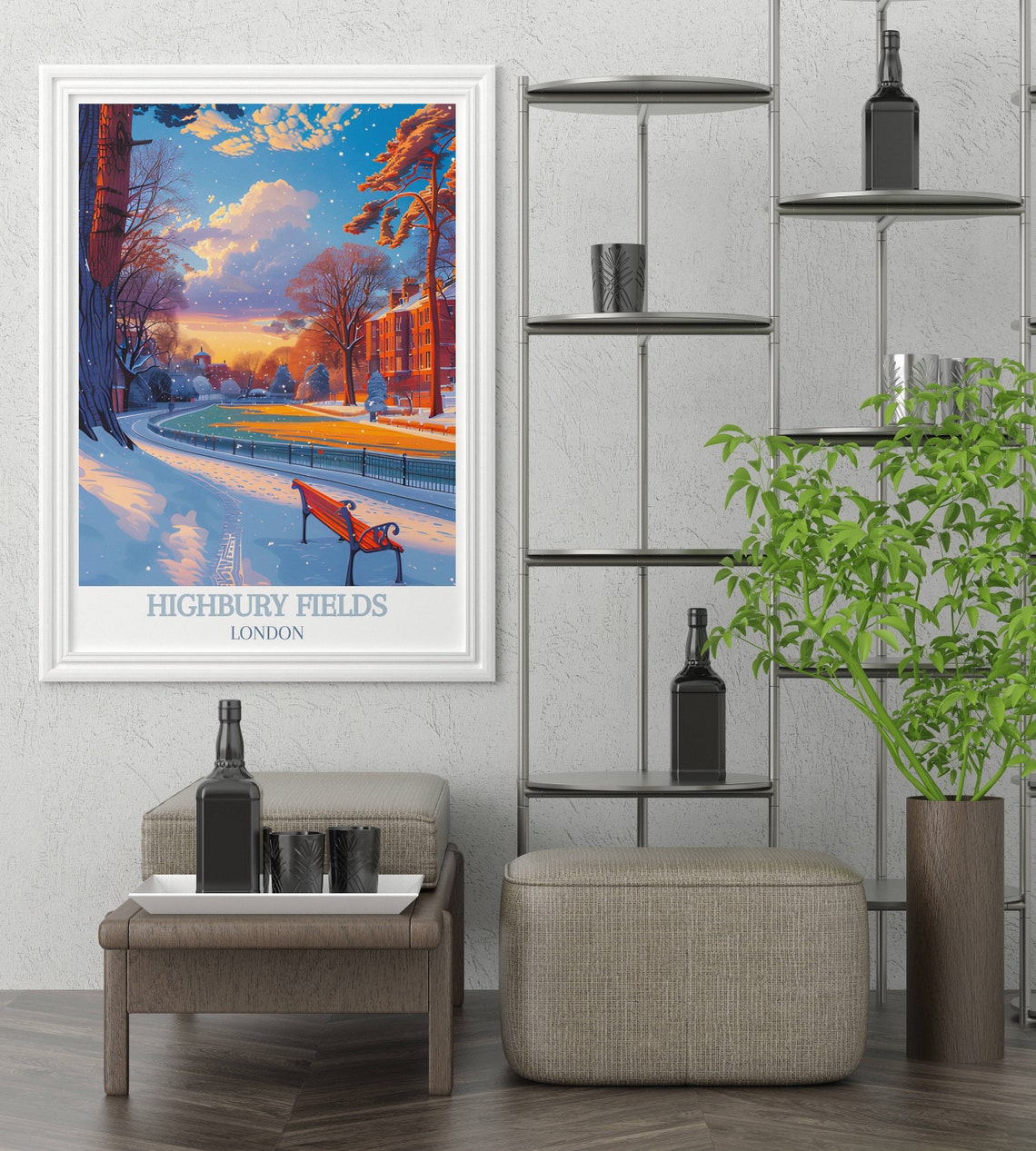 Highbury Fields London Snowy Winter Park Bench Scenery Poster - Image 3