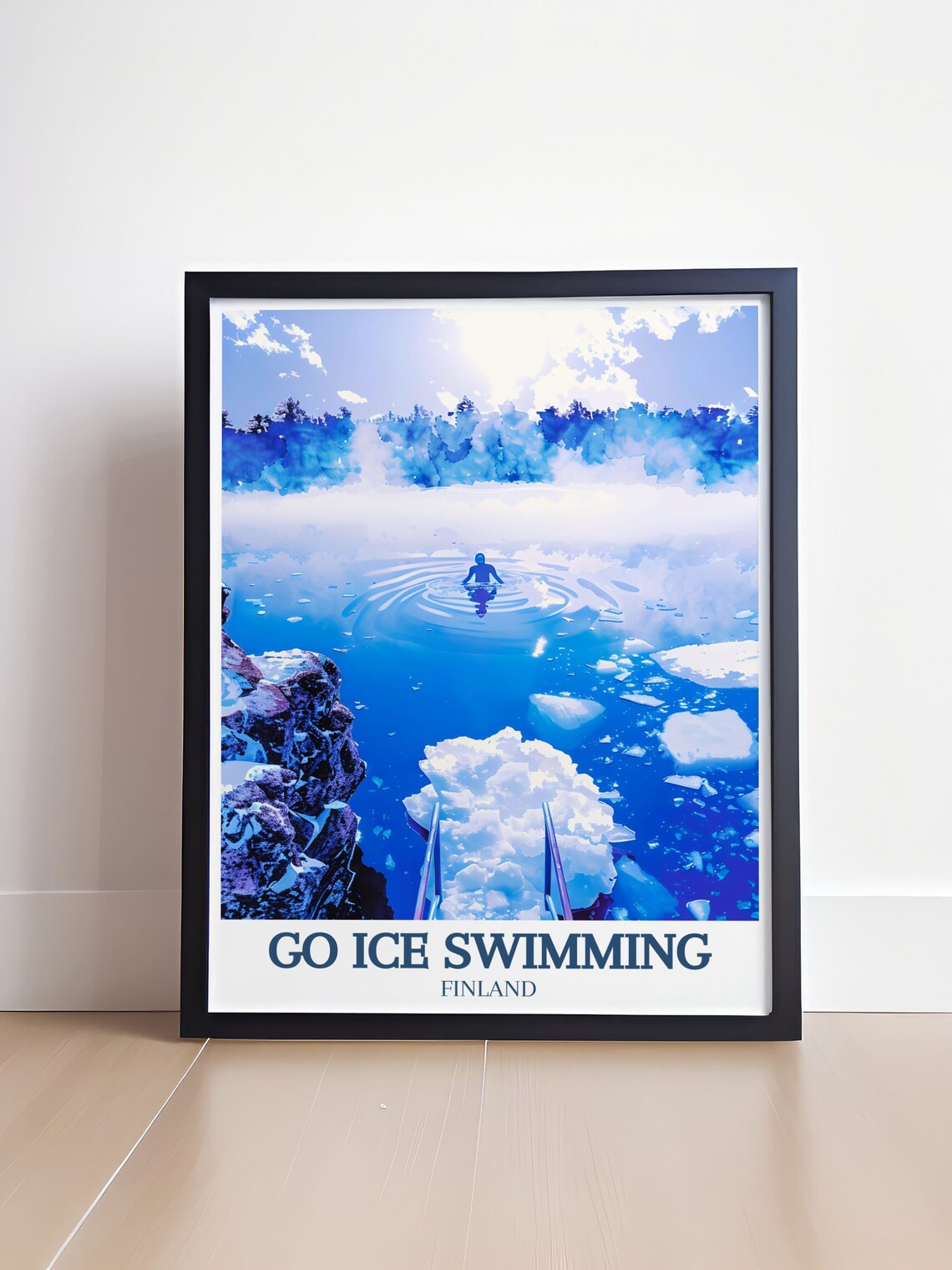 Go Ice Swimming Finland Lone Swimmer in Frozen Blue Lake Poster - Image 4