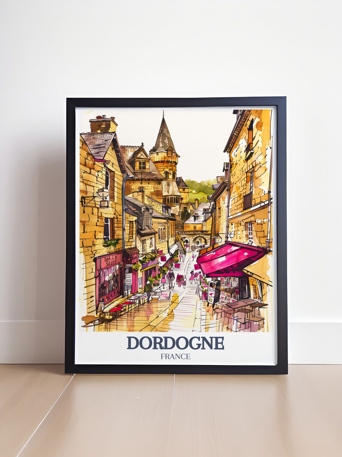 Dordogne France Medieval Old Town Street Watercolor Travel Poster - Image 4