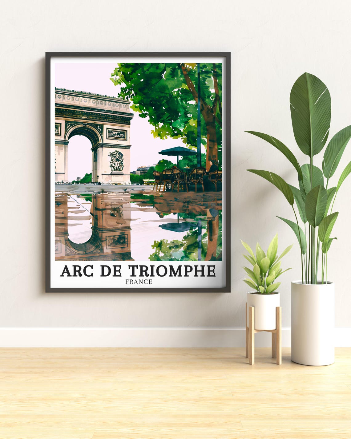 Arc de Triomphe France Watercolor Rainy Street Reflection Scene Poster - Image 3