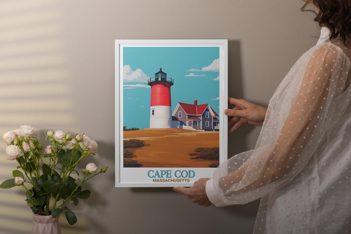 Cape Cod Massachusetts Nauset Lighthouse Red White Dunes Poster - Image 2