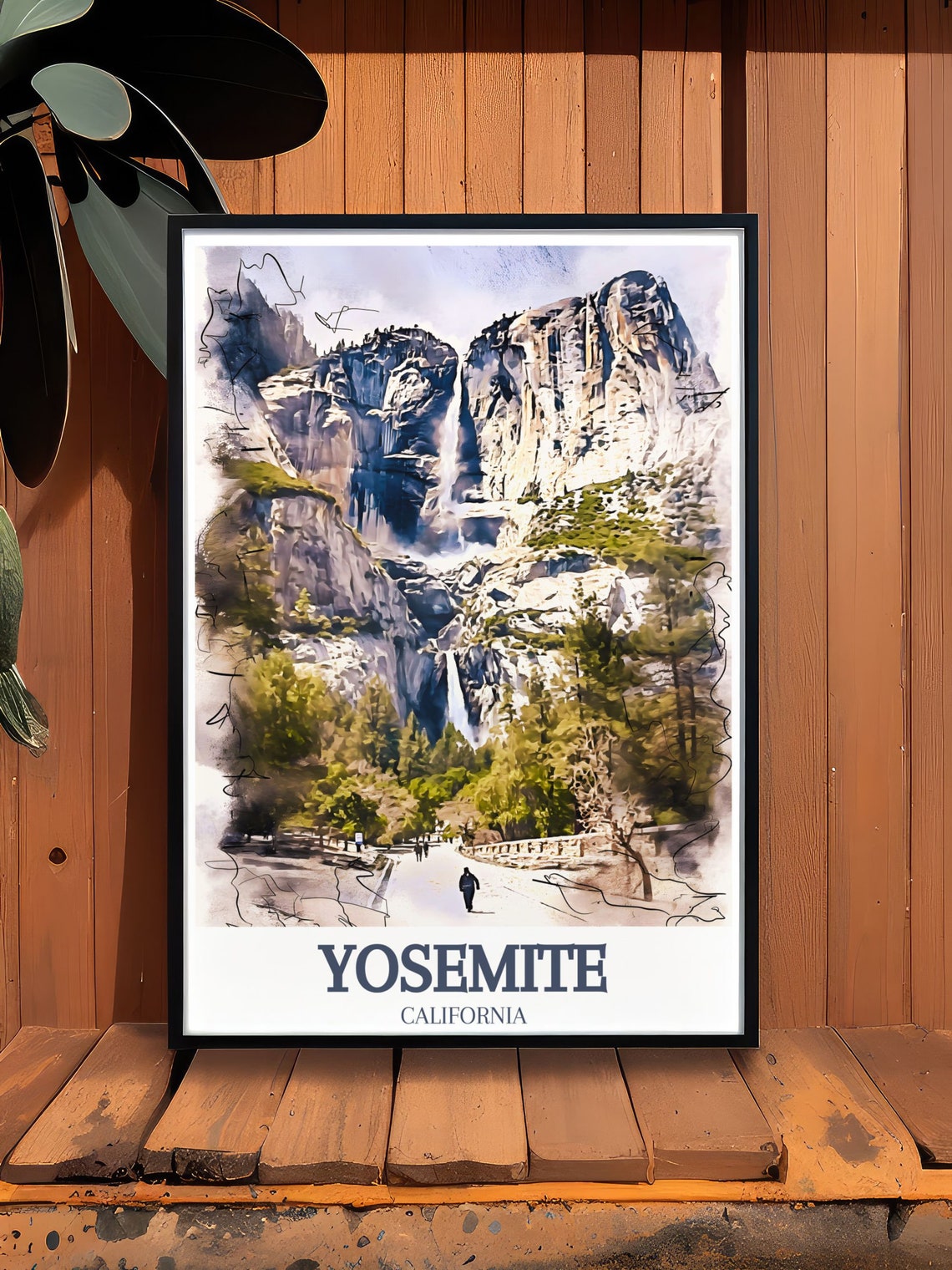 Yosemite California Waterfall Sketch Style Watercolor Travel Poster - Image 3