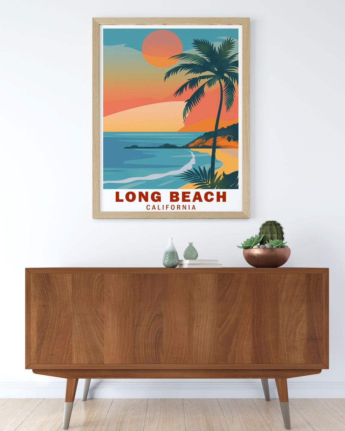 Long Beach California Palm Tree Sunset Beach Retro Art Classic Poster - Image 2
