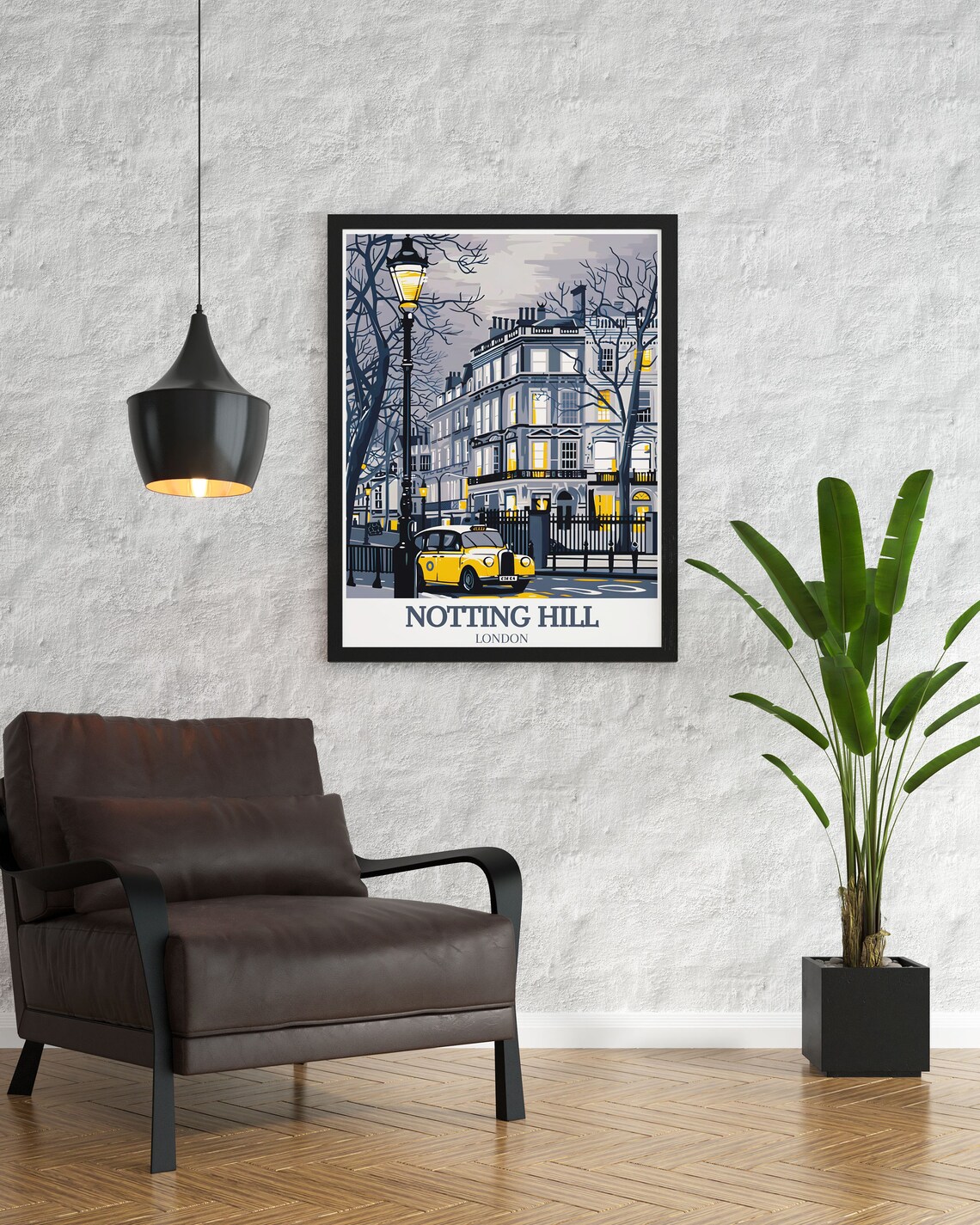 Notting Hill London Evening Lamp Lit Street Taxi Townhouse Glow Poster - Image 2