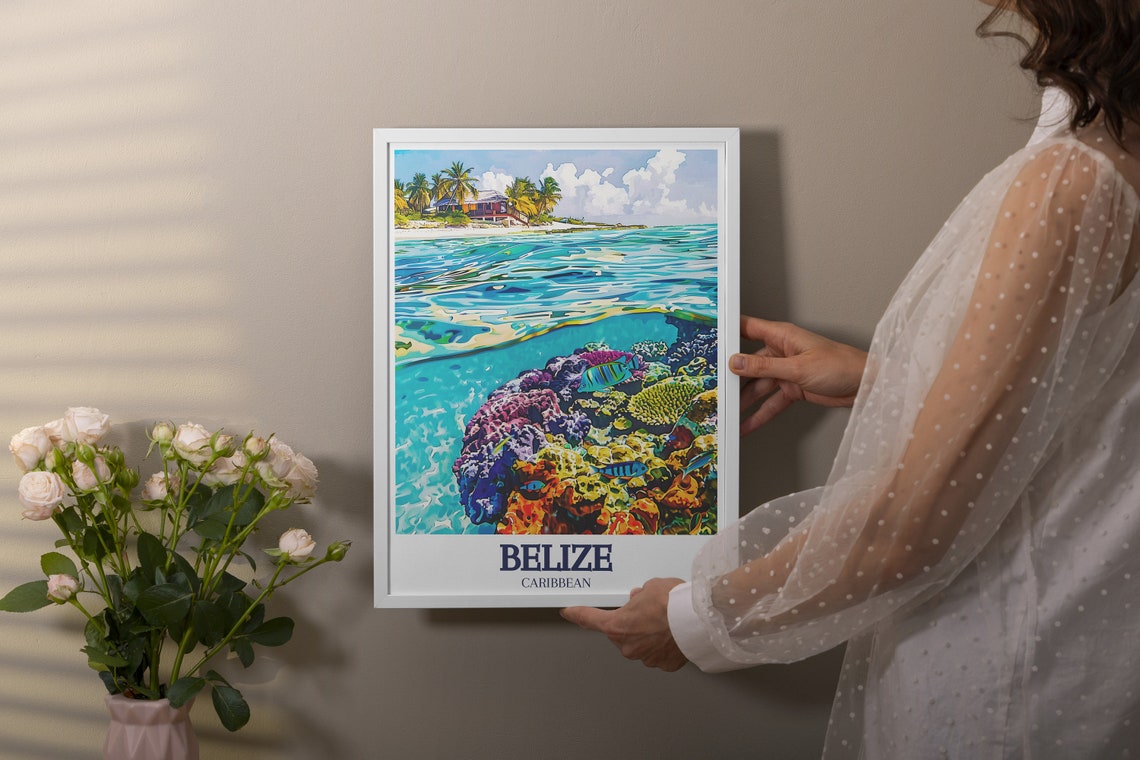 Belize Caribbean Coral Reef Underwater Scene with Beach House Poster - Image 3