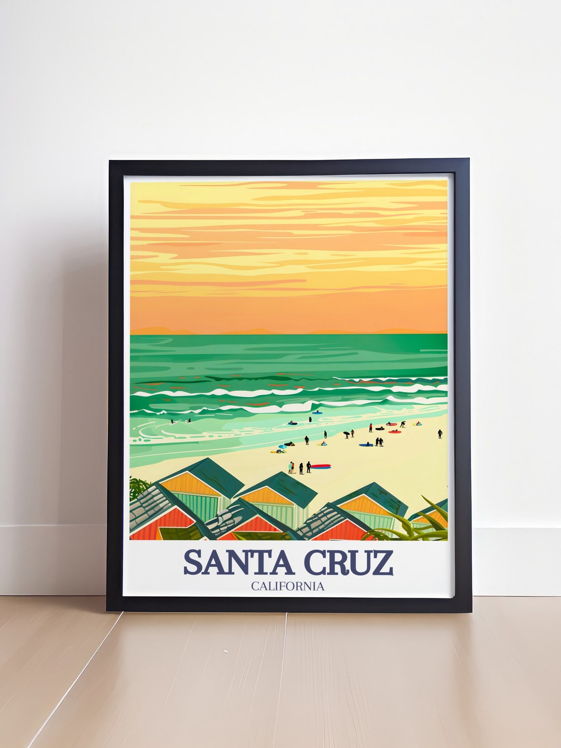 Santa Cruz Capitola Colorful Beach Cabins Surfers Sunset Poster - Image 4