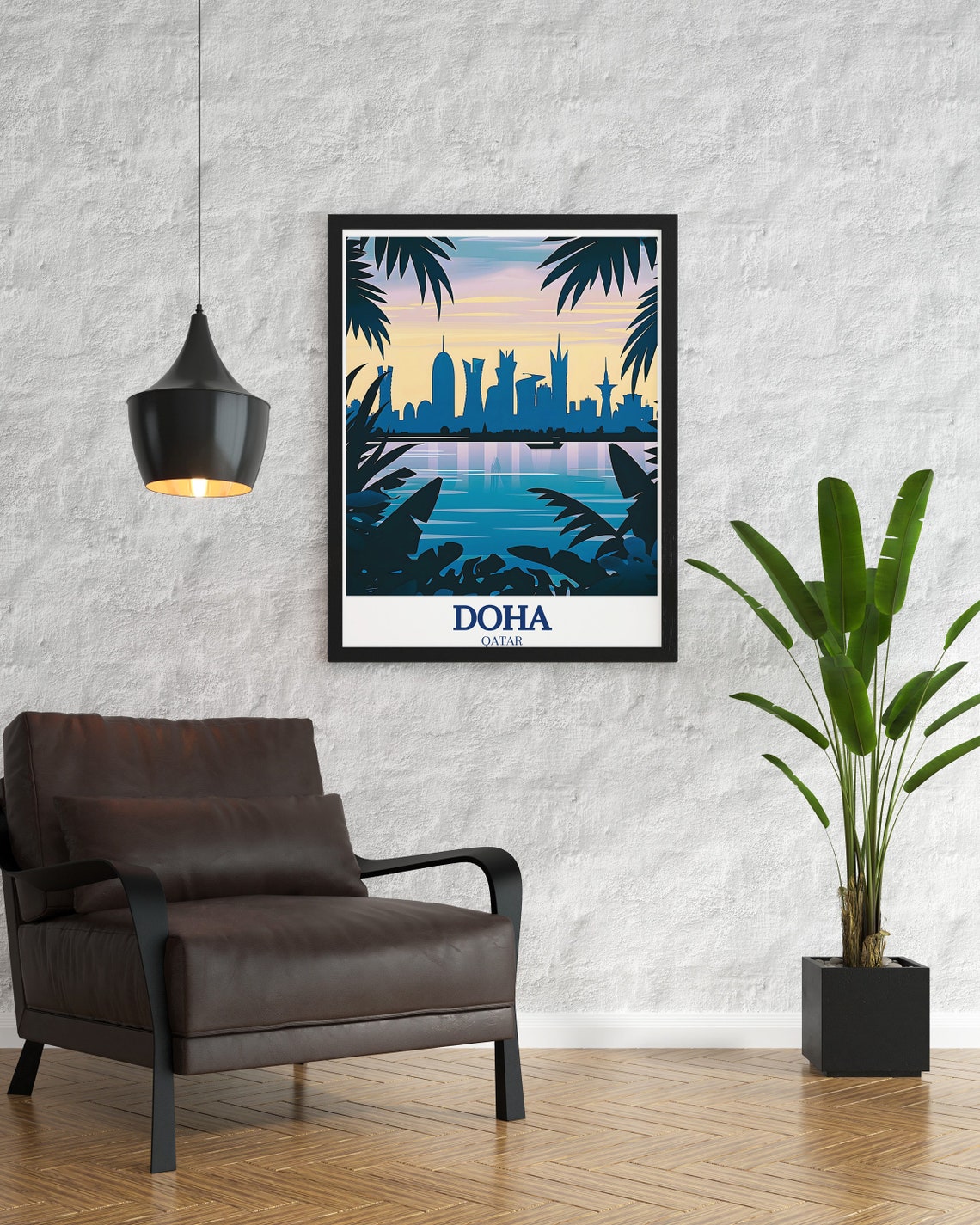 Doha Qatar Skyline at Dusk Framed by Tropical Palm Fronds Poster - Image 3