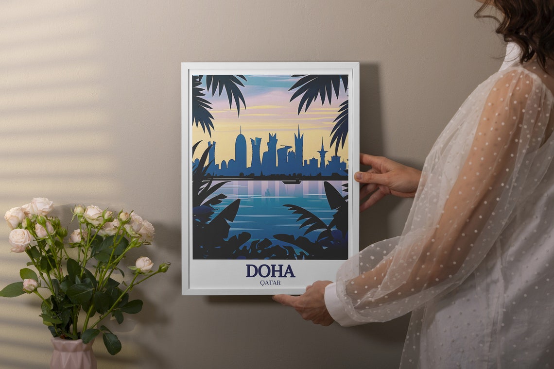 Doha Qatar Skyline at Dusk Framed by Tropical Palm Fronds Poster - Image 2