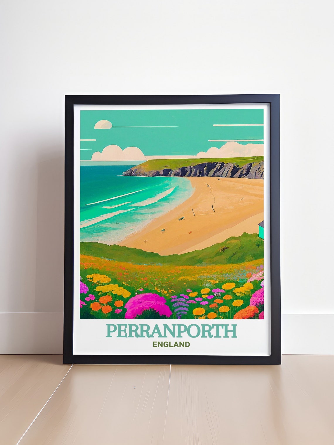 Perranporth Sandy Beach Cliffs Wildflowers Vintage Travel Poster - Image 4