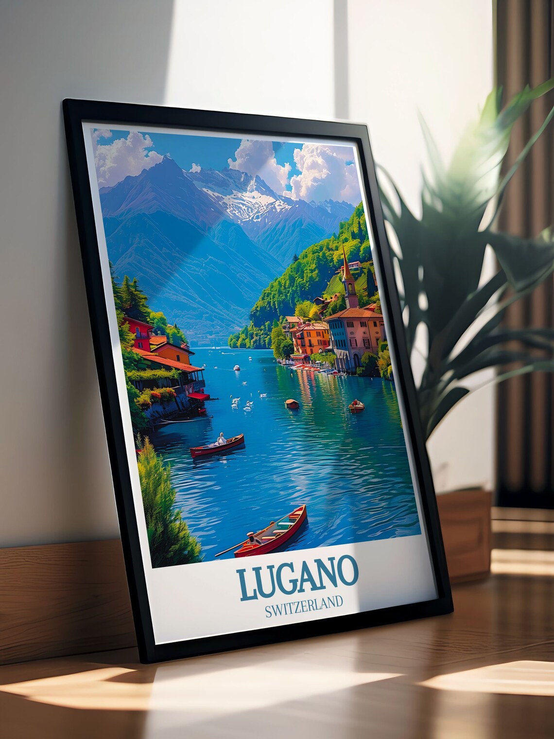 Lugano Switzerland Lake With Boats And Mountain Village Poster - Image 2