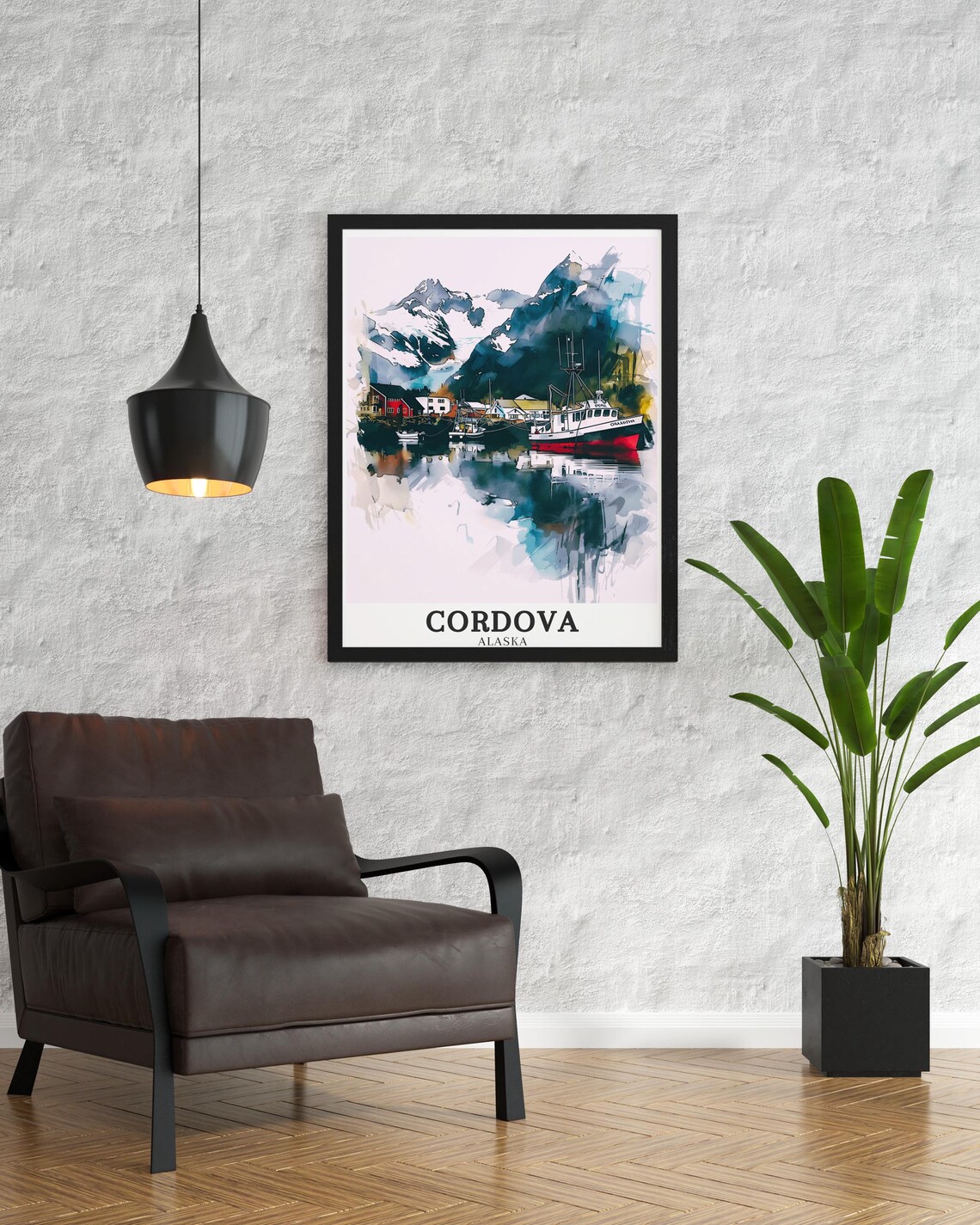 Cordova Alaska Fishing Harbor Watercolor Snowy Mountains View Poster - Image 2