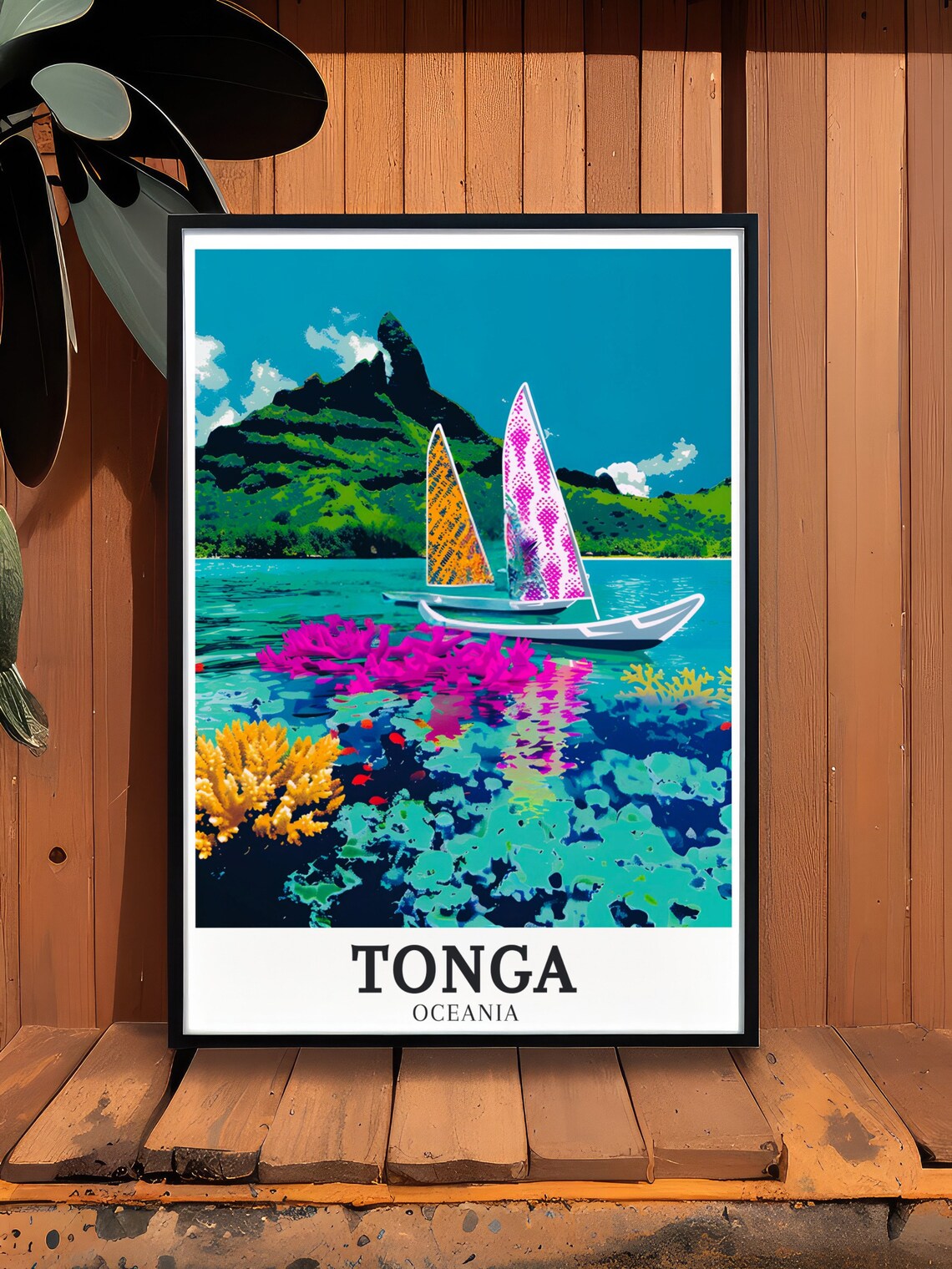 Tonga Vaa Canoe Coral Reef Volcanic Island Colorful Travel Poster - Image 3
