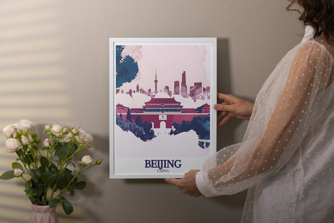 Beijing China Tiananmen Gate City Skyline Watercolor Travel Poster - Image 3