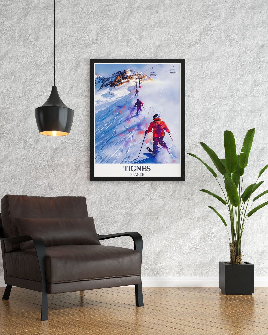Tignes Skiers Carving Down a Sunny French Alps Mountain Slope Poster - Image 3