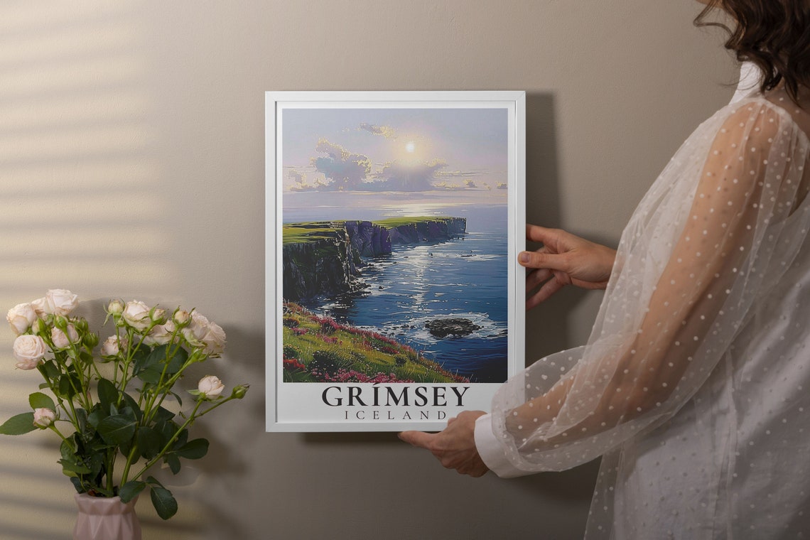 Grimsey Iceland Green Coastal Cliffs Poster with Ocean Waves - Image 3