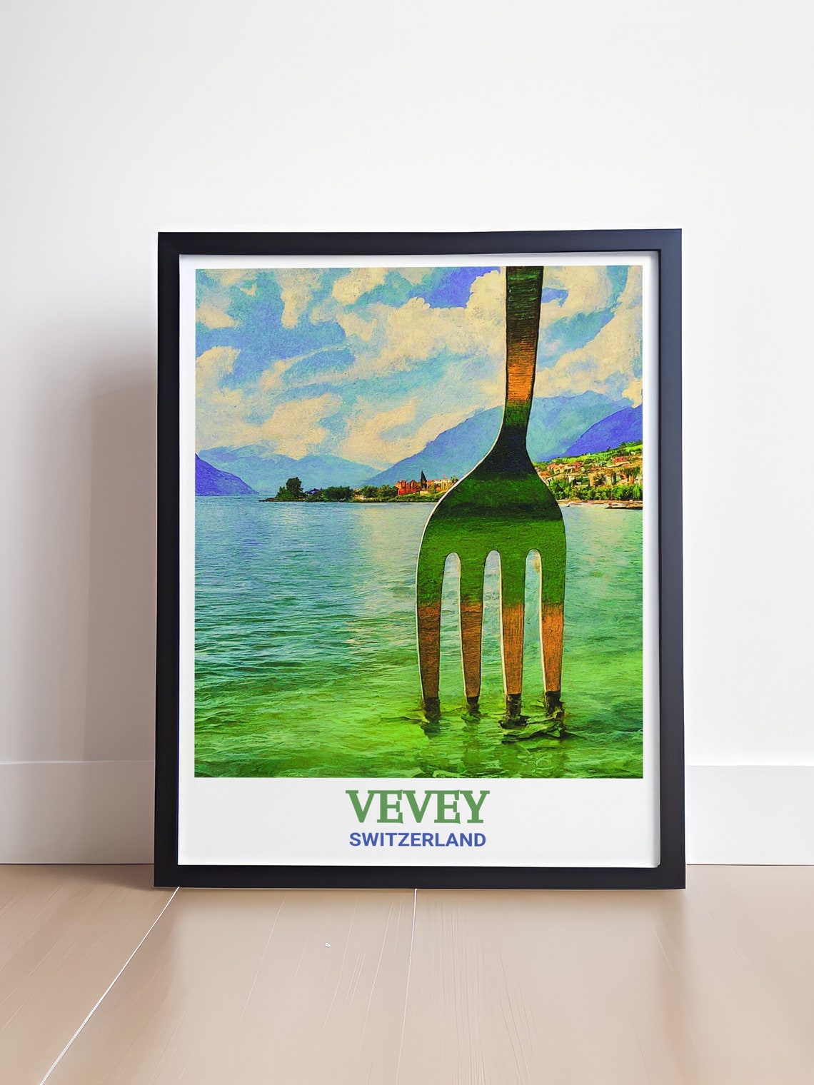 Vevey Giant Fork Sculpture Rising From Lake Geneva Waves Poster - Image 4