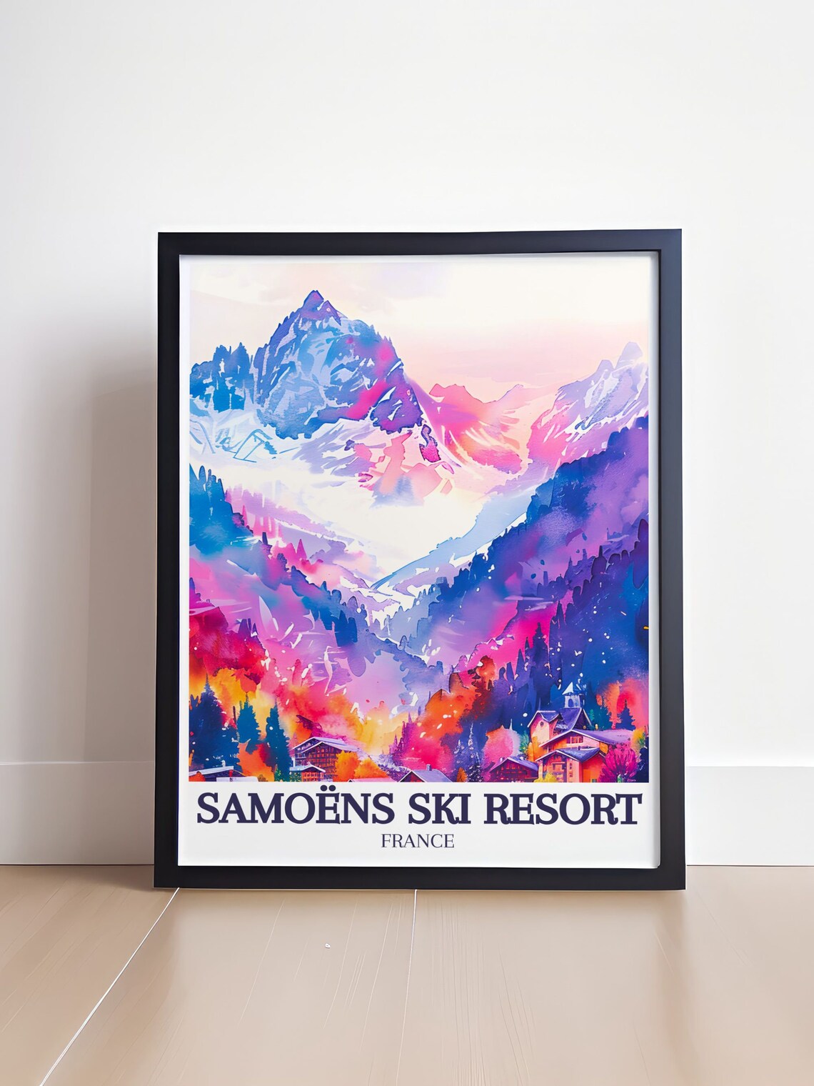 Samoens Ski Resort France Watercolor Snowy Peaks Village Travel Poster - Image 4