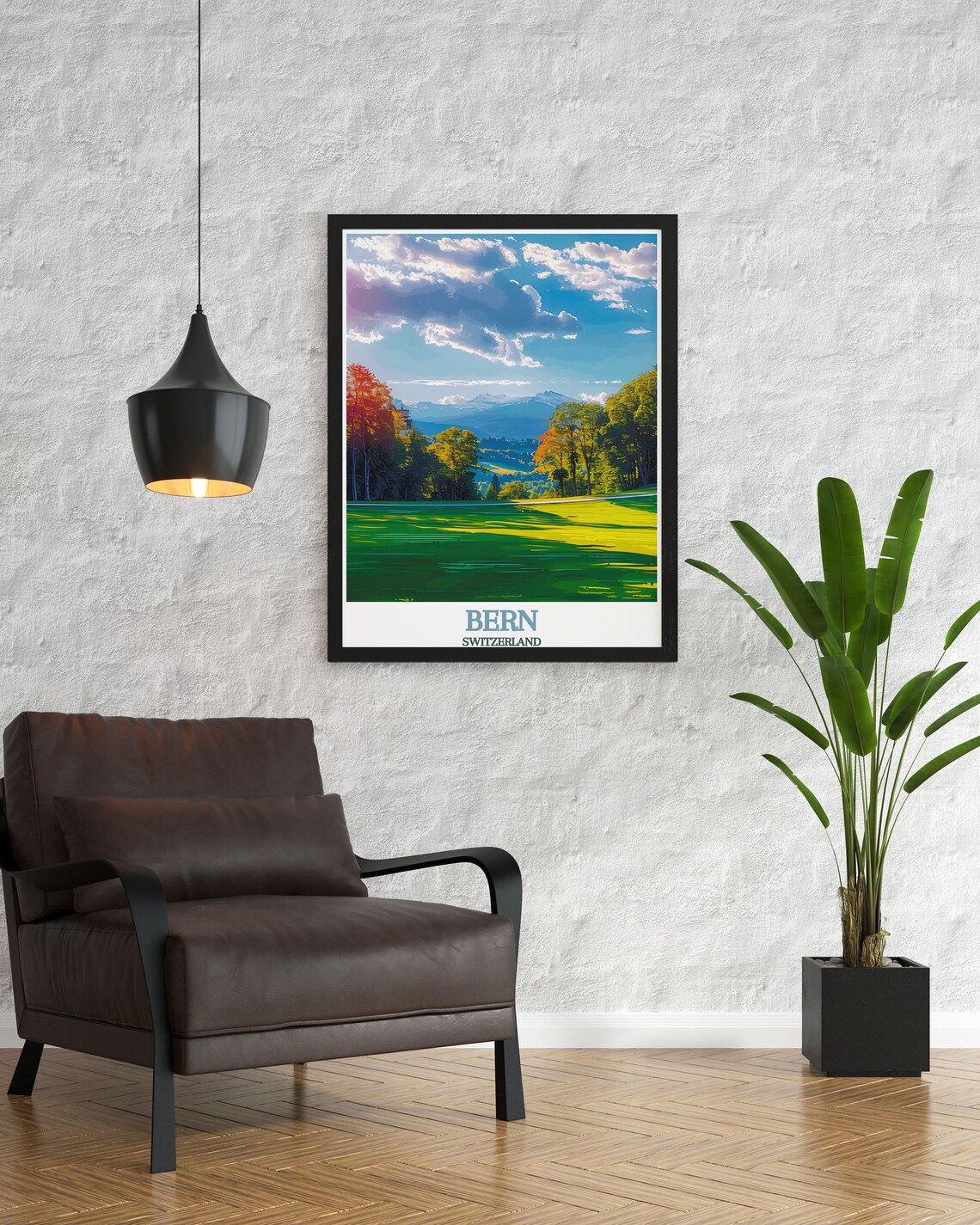 Bern Switzerland Green Meadow and Alpine Peaks Travel Poster - Image 2
