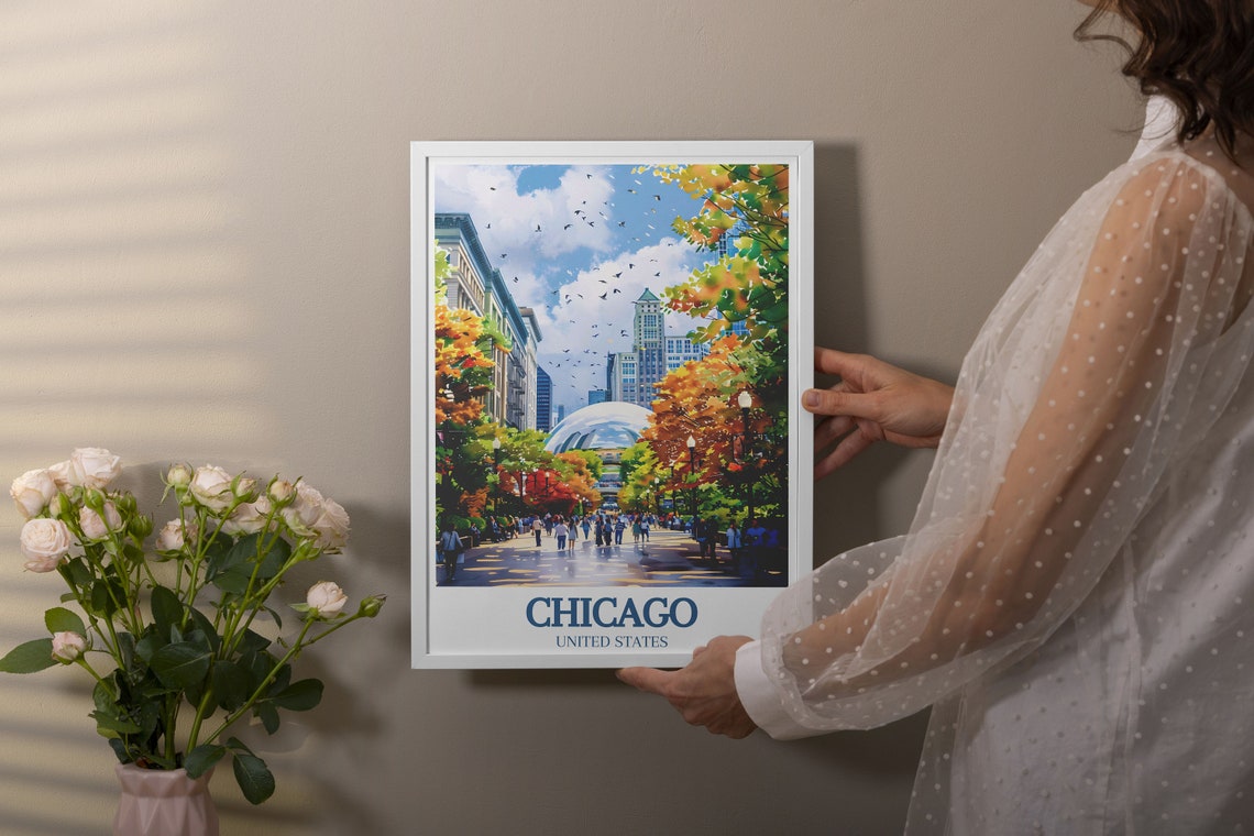 Chicago Millennium Park Cloud Gate Autumn Trees Downtown Poster - Image 2